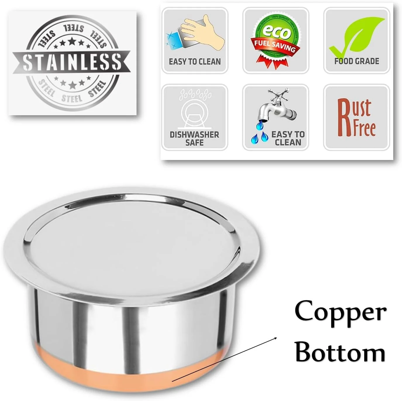 Melrich Stainless Steel Cooking pot Tope set Copper Bottom Dishwasher Microwave Freezer safe BPA PFOA Free (3)