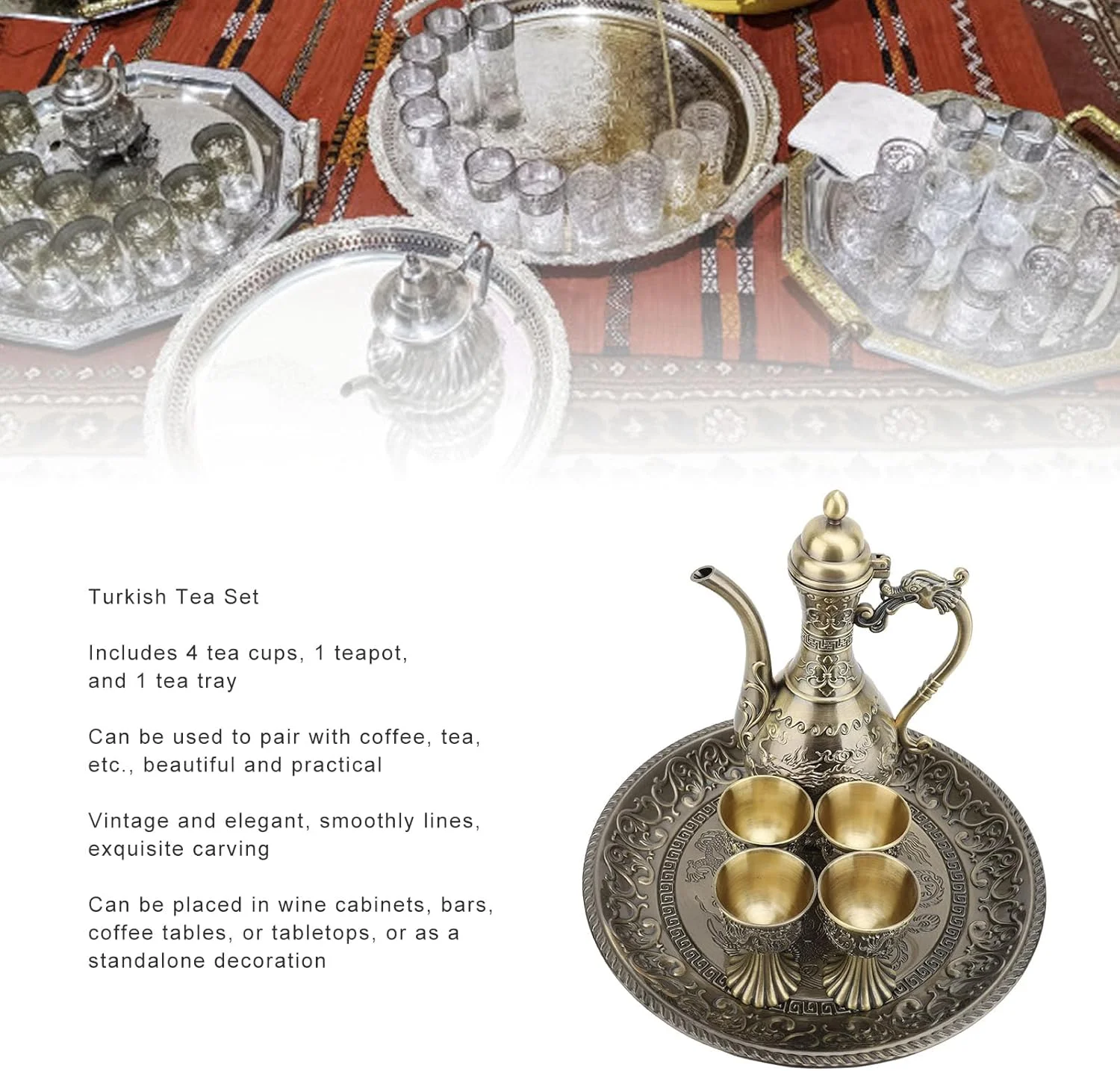 ست چای خوری ترکیه ای Luocute، ست قوری قهوه خوری فلزی ترکیه ای وینتیج با 4 فنجان قهوه و سینی چای، ست قوری لوکس ترکیه ای، ست لیوان فلاسک ترکیه ای، صنایع دستی هنری، مناسب برای عروسی و منزل (برنزی)