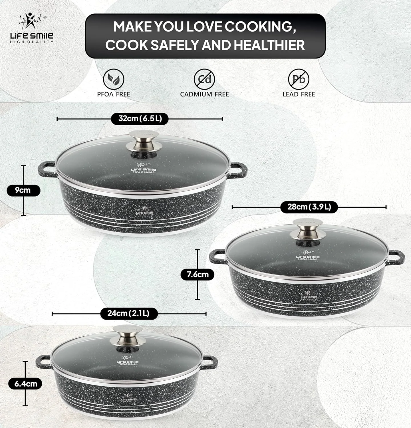 ست قابلمه های کم عمق لایف اسمایل با درب | 100% فاقد PFOA | ست تابه های نچسب با روکش گرانیتی | قابل استفاده در فر | دسته دوبل (مشکی، 24/28/32 سانتی متر)