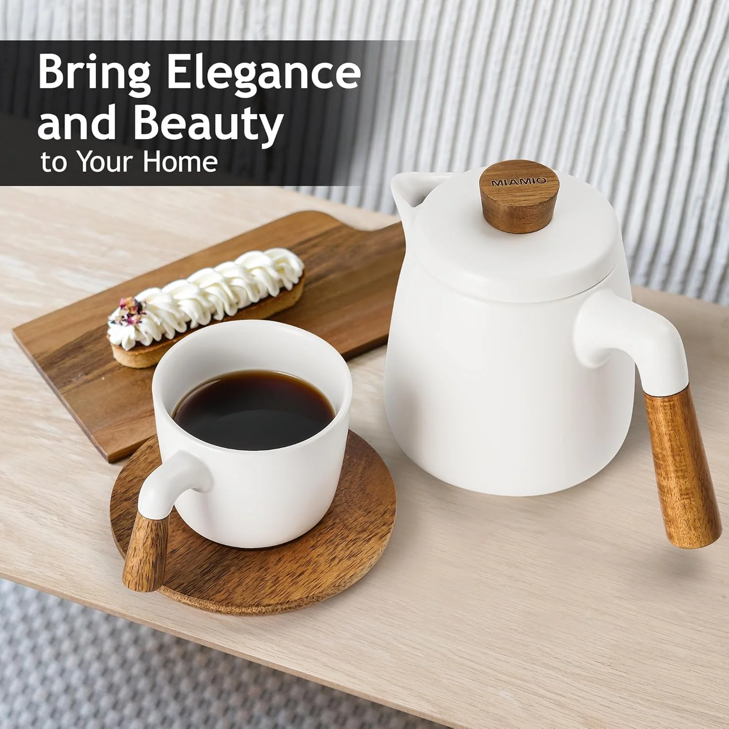 MIAMIO - ست قوری چای سرامیکی 1000 میلی لیتری به همراه صافی و فنجان/صافی چای، 4 لیوان چای سرامیکی (300 میلی لیتر)، نعلبکی/دسته بامبو برای خانه و محل کار