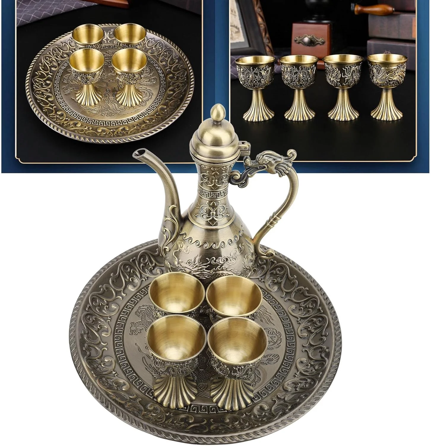 ست چای خوری ترکیه ای Luocute، ست قوری قهوه خوری فلزی ترکیه ای وینتیج با 4 فنجان قهوه و سینی چای، ست قوری لوکس ترکیه ای، ست لیوان فلاسک ترکیه ای، صنایع دستی هنری، مناسب برای عروسی و منزل (برنزی)