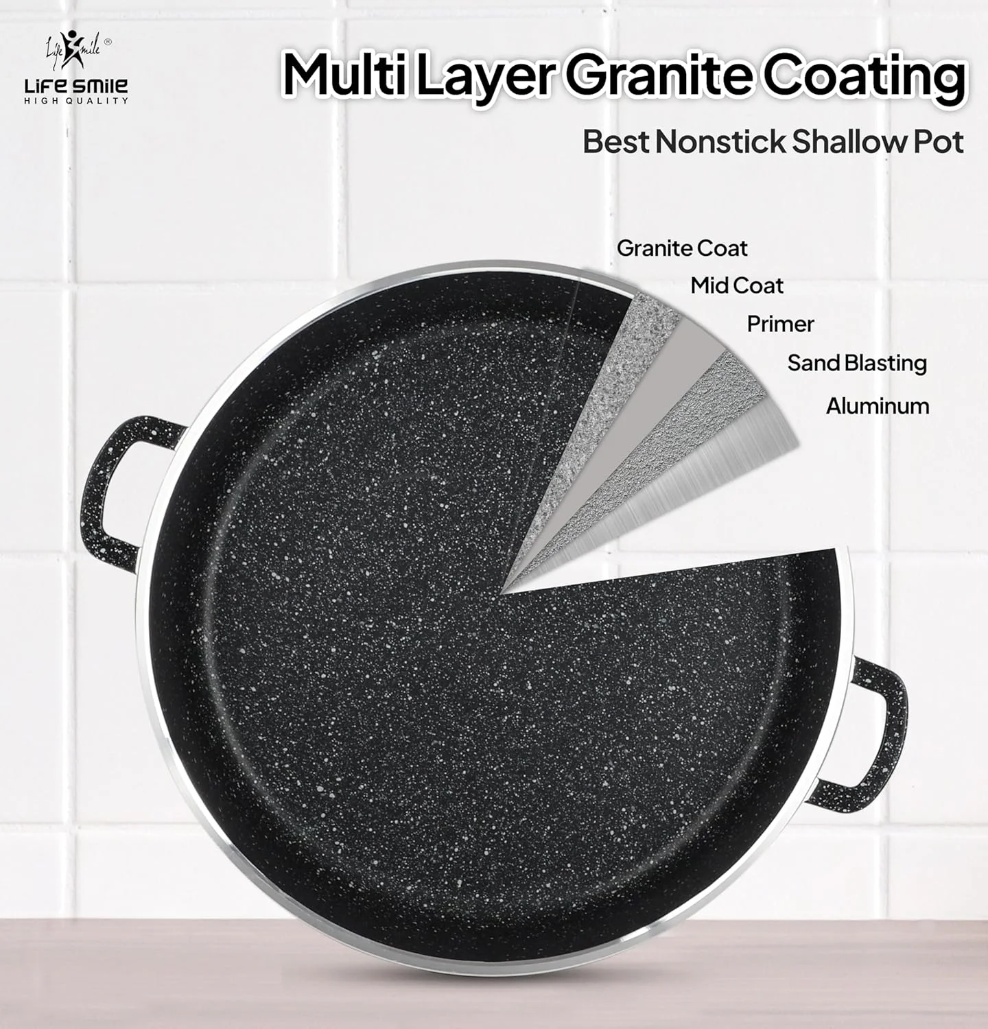 ست قابلمه های کم عمق لایف اسمایل با درب | 100% فاقد PFOA | ست تابه های نچسب با روکش گرانیتی | قابل استفاده در فر | دسته دوبل (مشکی، 24/28/32 سانتی متر)