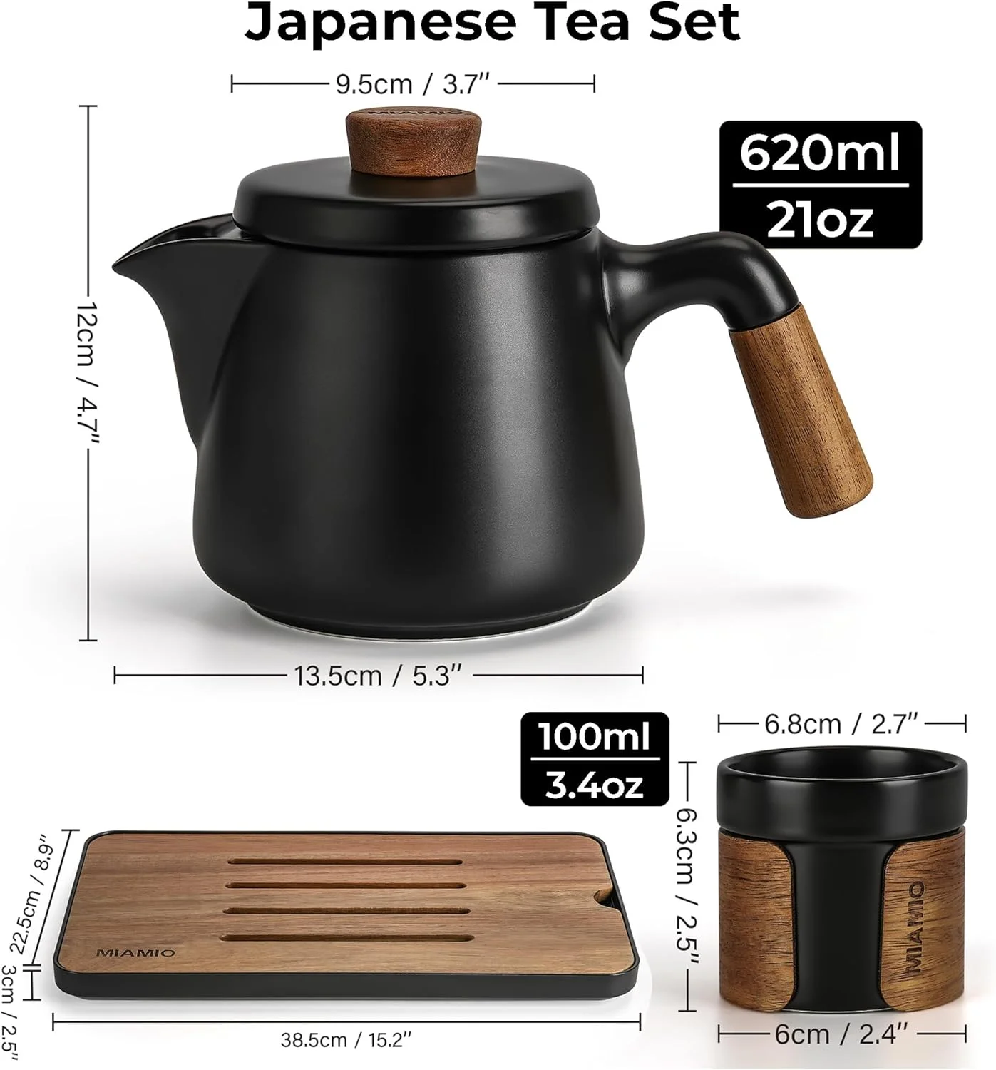 MIAMIO - ست چای خوری ژاپنی/چینی 6 نفره شامل 6 فنجان 100 میلی لیتری/قوری آسیایی 620 میلی لیتری به همراه صافی چای، ست فنجان چای خوری سنتی ژاپنی برای دوستداران چای/آقایان/بانوان (مشکی)