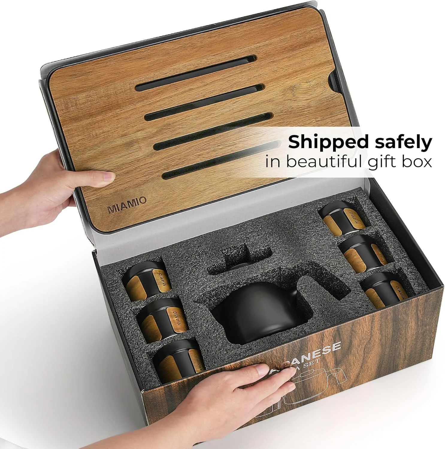 MIAMIO - ست چای خوری ژاپنی/چینی 6 نفره شامل 6 فنجان 100 میلی لیتری/قوری آسیایی 620 میلی لیتری به همراه صافی چای، ست فنجان چای خوری سنتی ژاپنی برای دوستداران چای/آقایان/بانوان (مشکی)