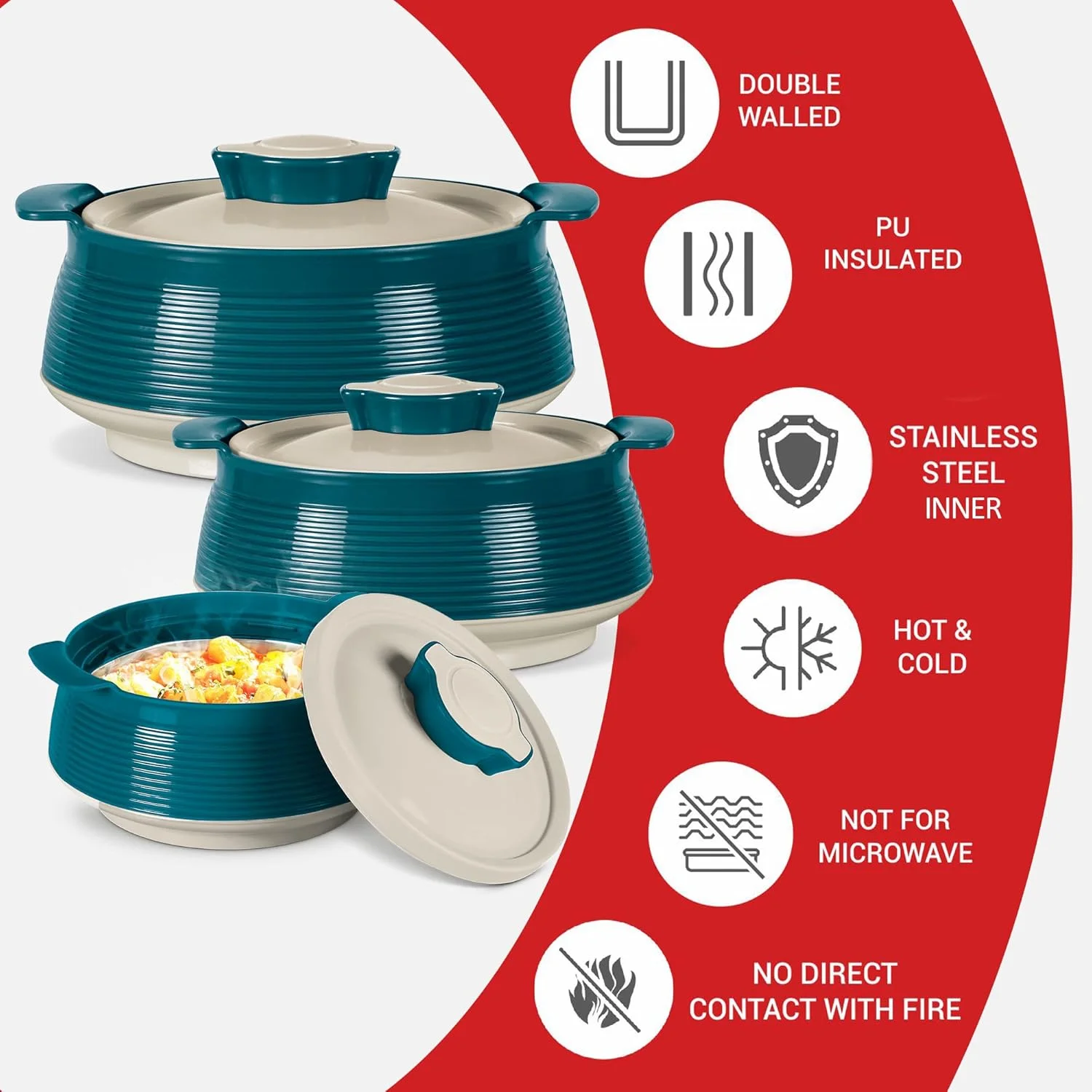 ظروف درب دار عایق دار استیل میلتون مدل Venice Jr، مجموعه 3 عددی، (450 میلی لیتر، 850 میلی لیتر، 1.35 لیتر)، سبز مرمری | دو جداره | گرم و سرد