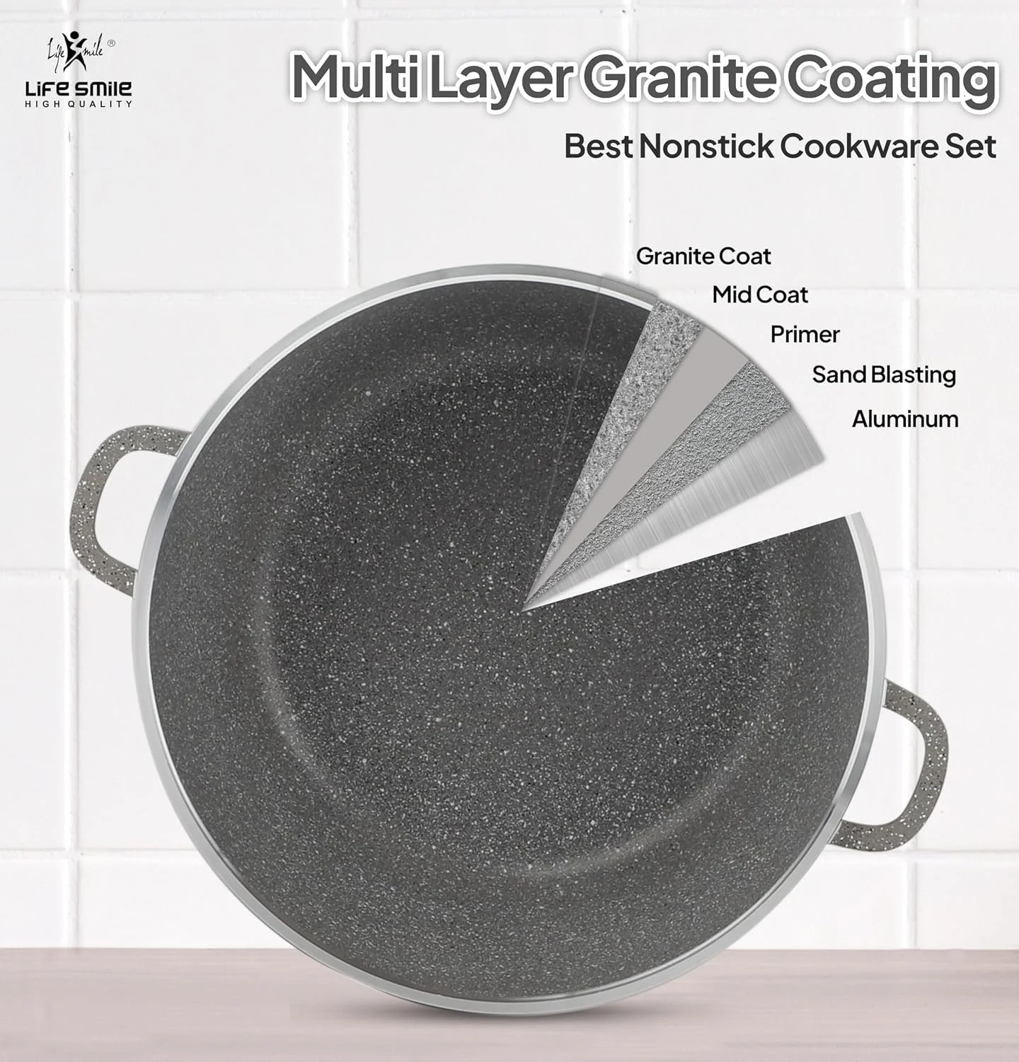 قابلمه درب دار LIFE SMILE | قابلمه آلومینیومی سوپ با درب شیشه ای | 100% فاقد PFOA، دسته ثابت | پوشش گرانیتی نچسب چند لایه | قابل استفاده در فر (16 سانتی متر (1.5 لیتر)، خاکستری)