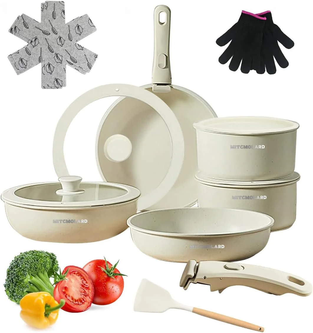 ست ظروف آشپزی MITCMOLARD - ست ظروف گرانیتی - ست پخت و پز، ست 14 تکه قابلمه و تابه، ست آشپزخانه، ست های نچسب برای پخت و پز، ظروف القایی با دسته جداشدنی، فاقد PFOA