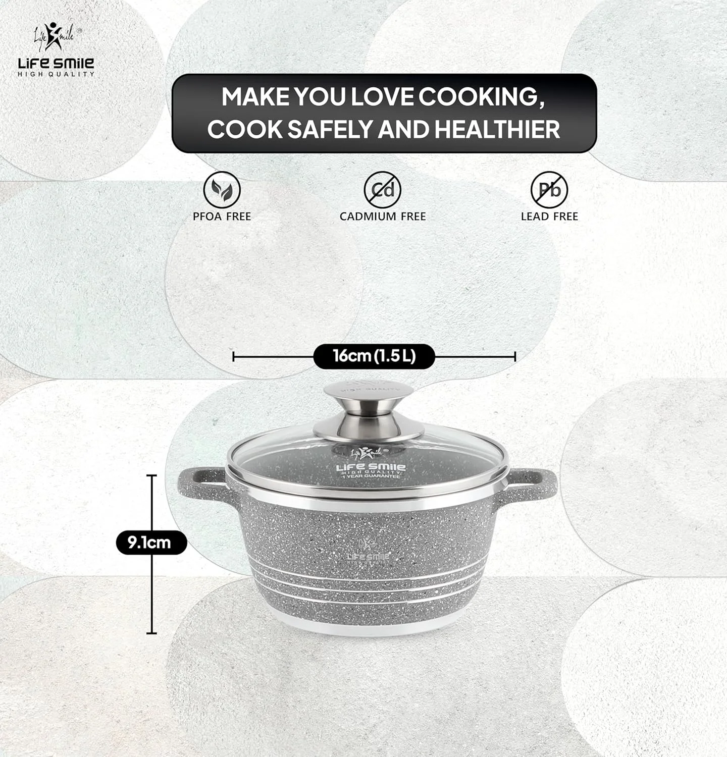 قابلمه درب دار LIFE SMILE | قابلمه آلومینیومی سوپ با درب شیشه ای | 100% فاقد PFOA، دسته ثابت | پوشش گرانیتی نچسب چند لایه | قابل استفاده در فر (16 سانتی متر (1.5 لیتر)، خاکستری)