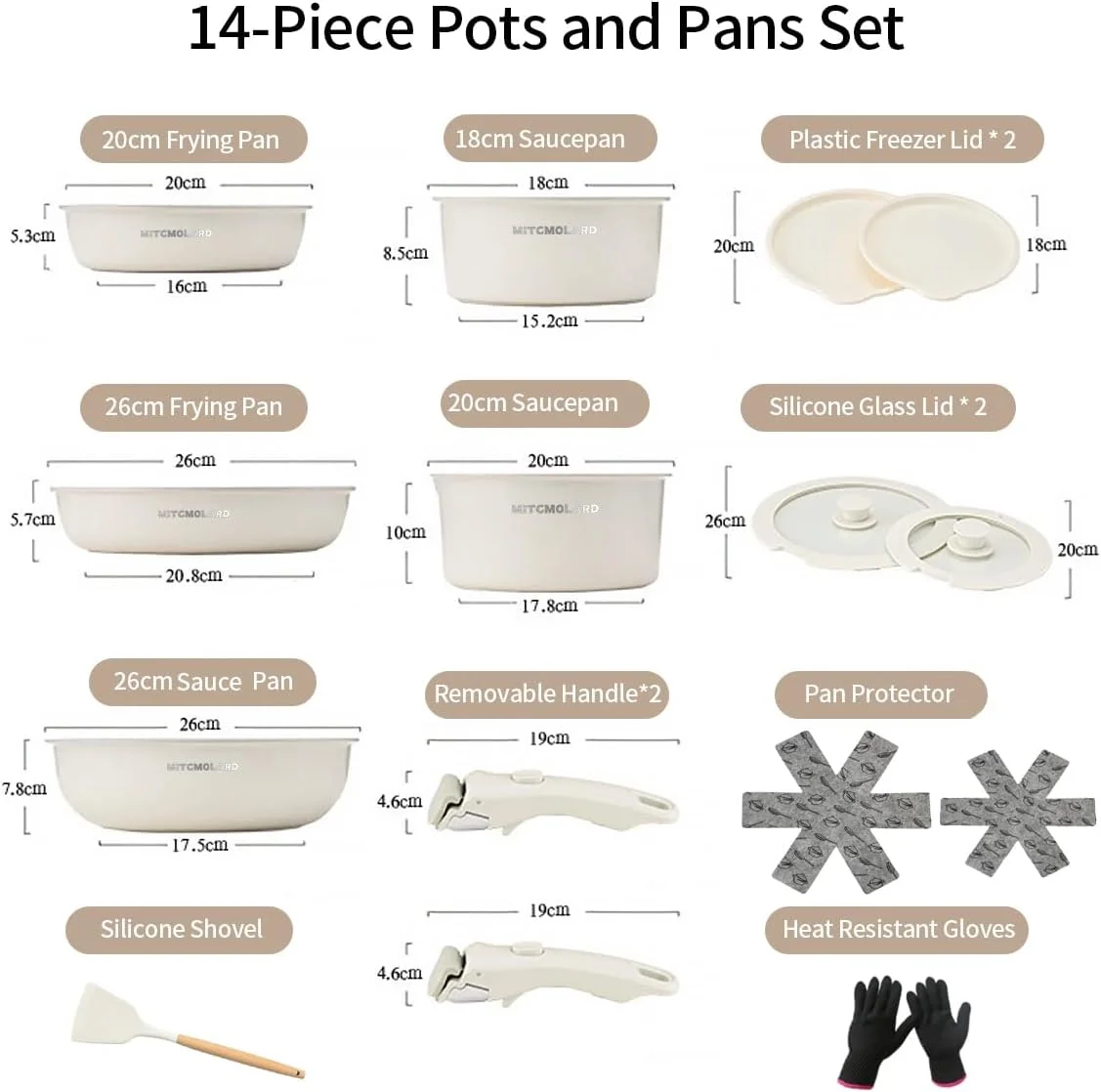 ست ظروف آشپزی MITCMOLARD - ست ظروف گرانیتی - ست پخت و پز، ست 14 تکه قابلمه و تابه، ست آشپزخانه، ست های نچسب برای پخت و پز، ظروف القایی با دسته جداشدنی، فاقد PFOA