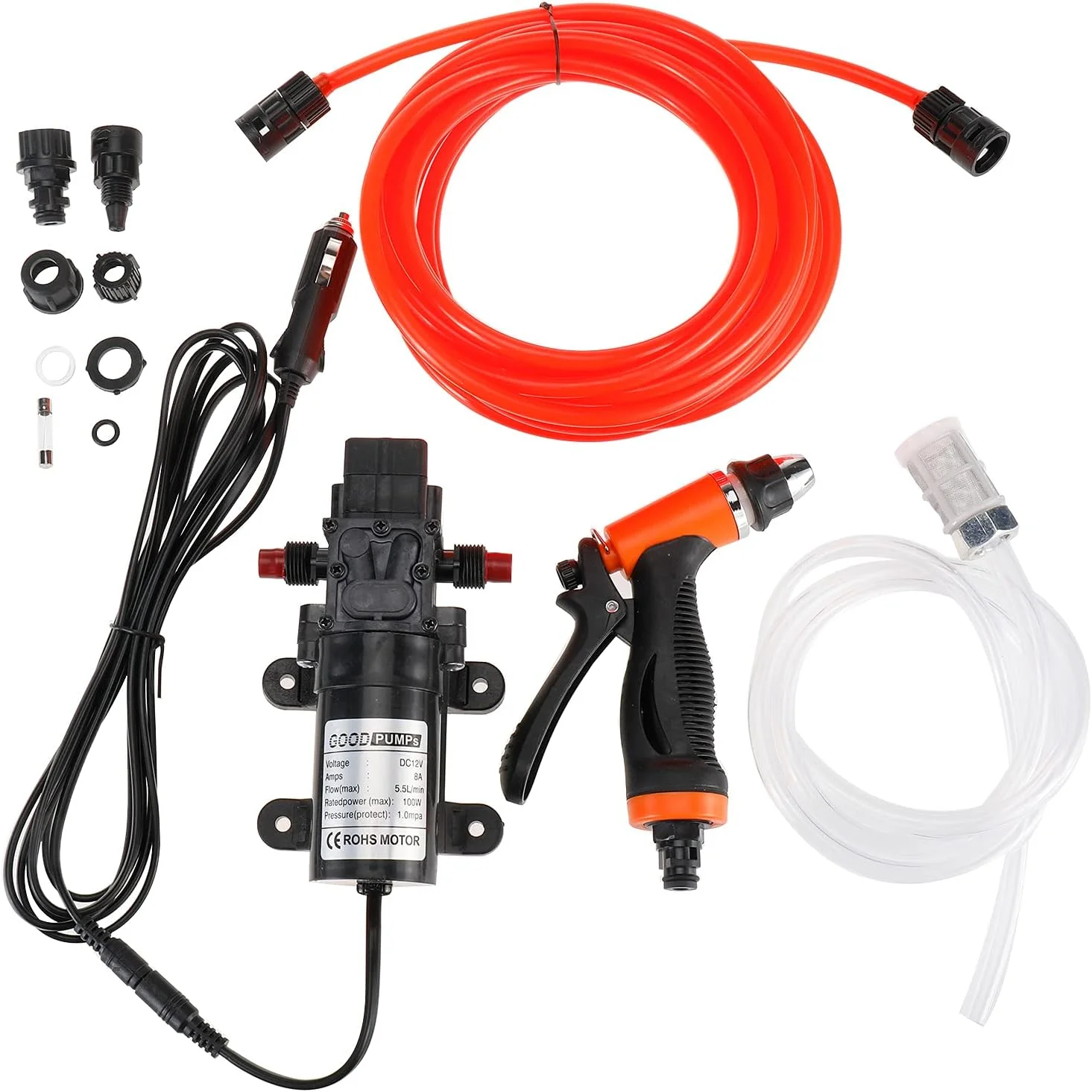 پمپ کارواش قابل حمل Finderomend، فشار قوی DC 12V 100W 145 PSI، کیت شستشوی خود مکش، کیت واشر برقی شستشوی خودرو برای خودرو، RV، خانه، باغ، دوش حیوانات خانگی (کوچکتر)