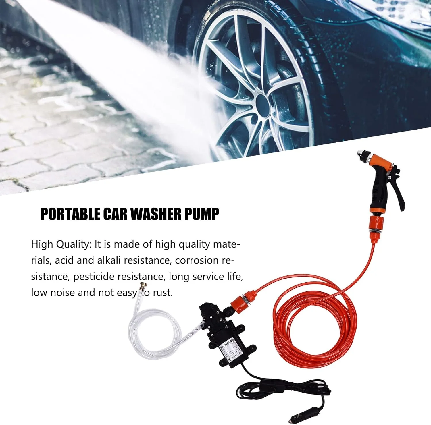 پمپ کارواش برقی فشار قوی، کارواش 12 ولت 100 وات قابل حمل، کیت تمیز کننده پمپ کارواش با رزوه نر G1/2، پمپ آب برقی خود مکش برای باغ خانه
