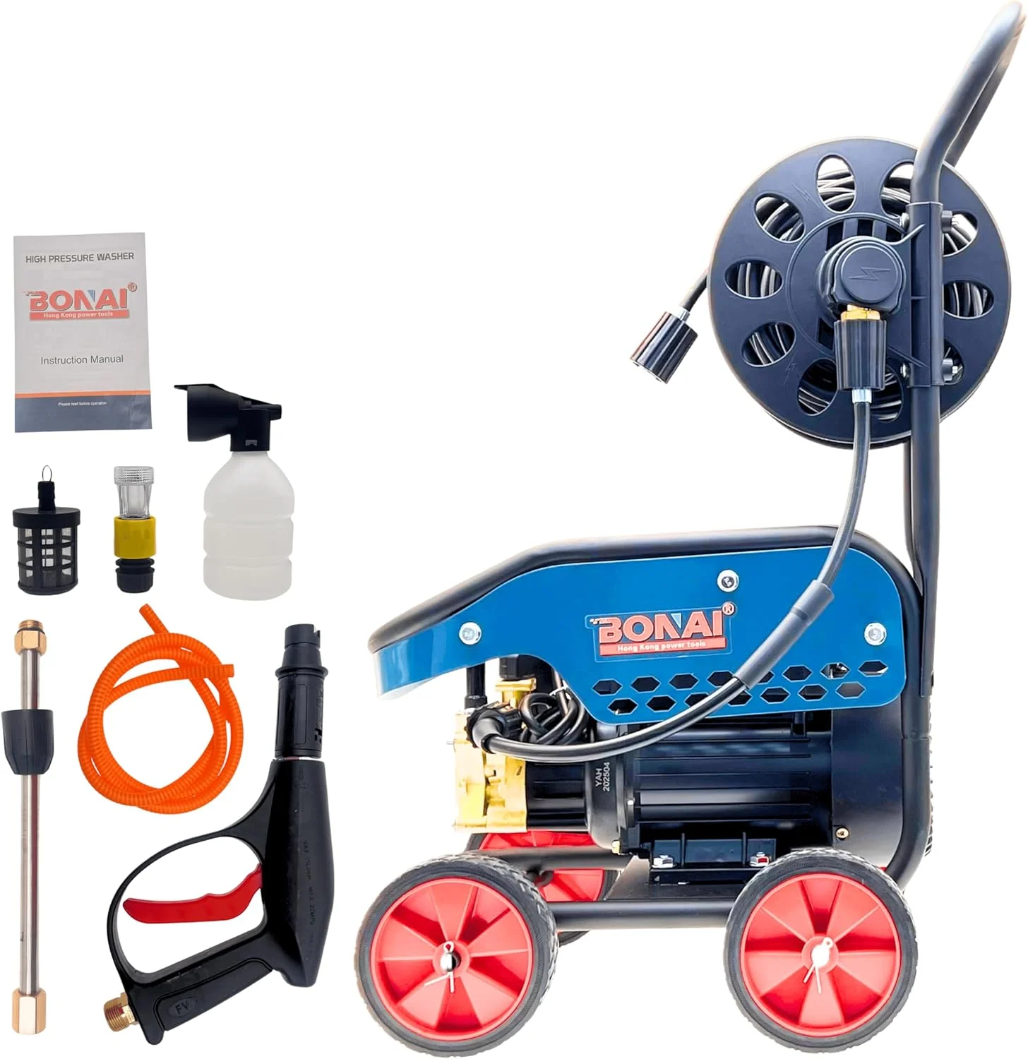 کارواش برقی بونای 3000 وات 300 بار 4350 PSI، موتور با راندمان بالا، تفنگ فوم، آبپاش، دو منظوره، محافظت در برابر گرمای بیش از حد، طراحی ترولی مستحکم با لوازم جانبی و قرقره شلنگ