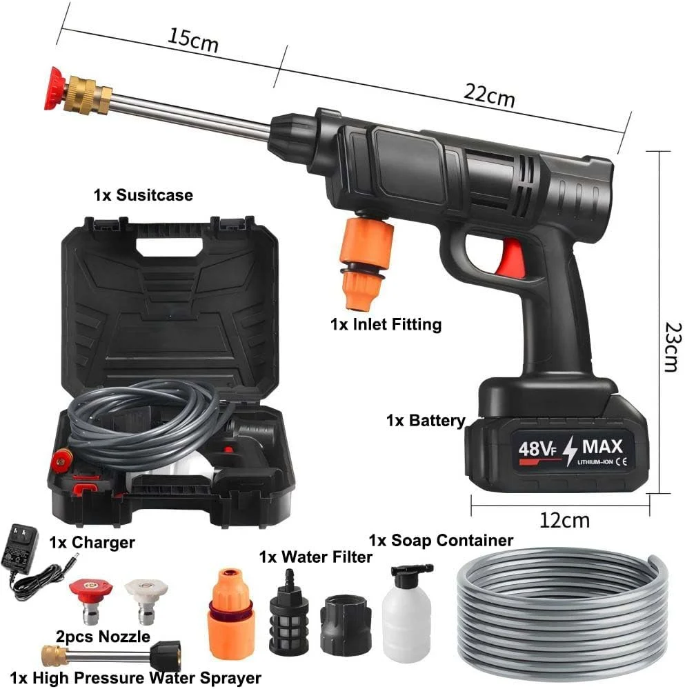 کارواش شارژی Ebooine، تفنگ آب پاش فشار قوی 30 بار، باتری لیتیومی 48 ولت با ماندگاری 60 دقیقه با شارژ کامل، کارواش پرفشار قابل حمل برای تمیز کردن ماشین/حصار/دیوار/عرشه