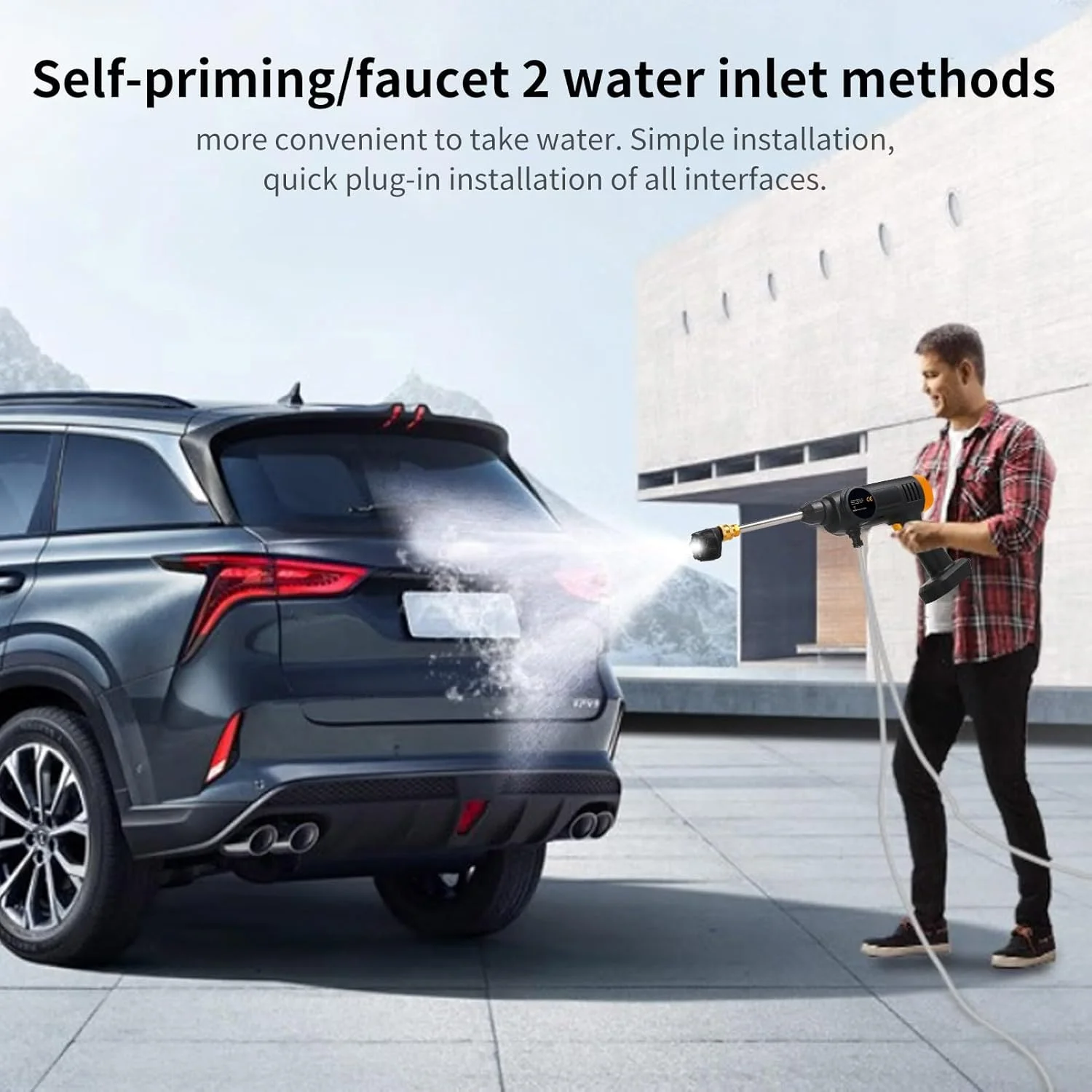 کارواش شارژی Eacam - کیت تمیز کننده کارواش قابل حمل 150 واتی با 2 عدد باتری قابل شارژ و نازل 6 در 1، تفنگ کارواش فشار قوی دستی برای تمیز کردن خانه/خودرو، همراه با شارژر