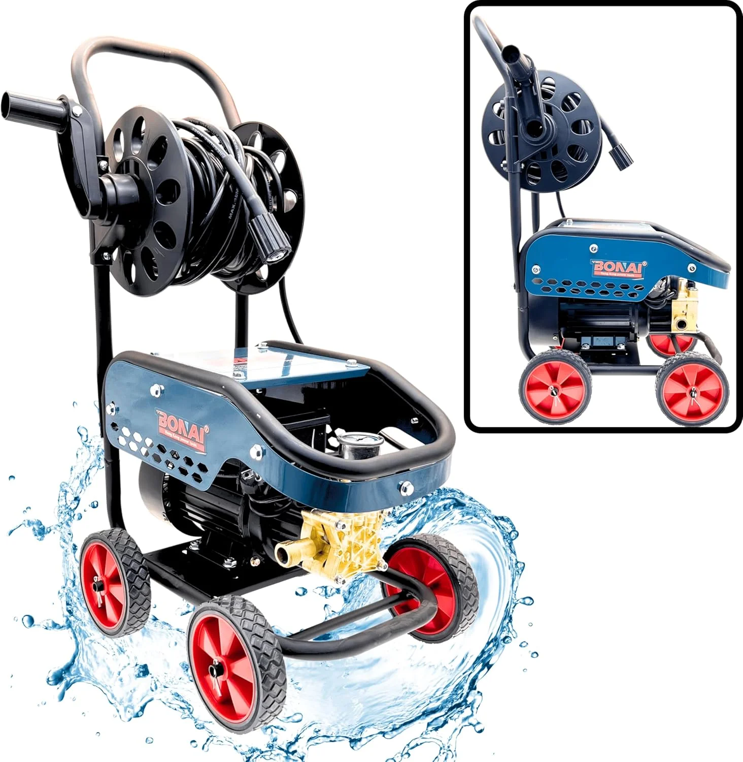 کارواش برقی بونای 3000 وات 300 بار 4350 PSI، موتور با راندمان بالا، تفنگ فوم، آبپاش، دو منظوره، محافظت در برابر گرمای بیش از حد، طراحی ترولی مستحکم با لوازم جانبی و قرقره شلنگ