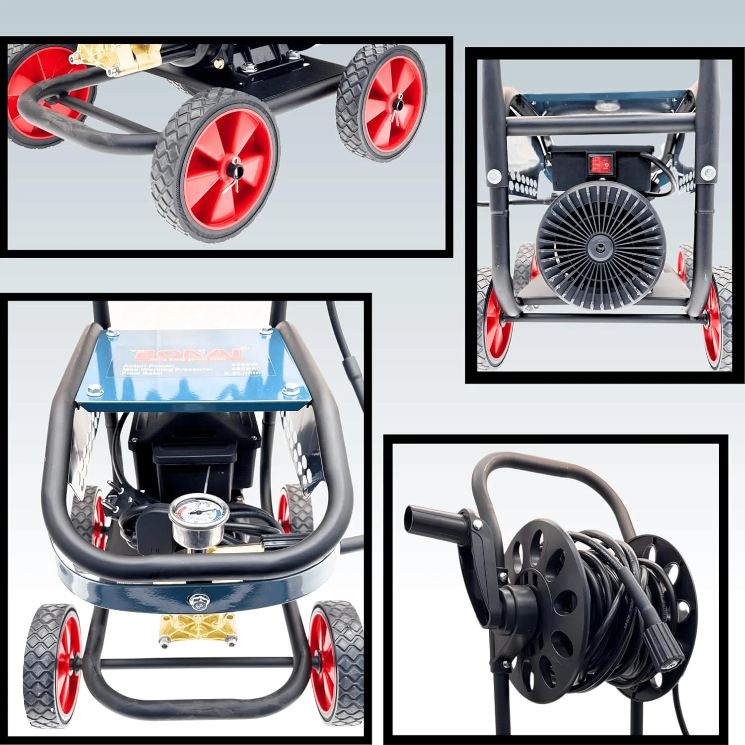 کارواش برقی بونای 3000 وات 300 بار 4350 PSI، موتور با راندمان بالا، تفنگ فوم، آبپاش، دو منظوره، محافظت در برابر گرمای بیش از حد، طراحی ترولی مستحکم با لوازم جانبی و قرقره شلنگ