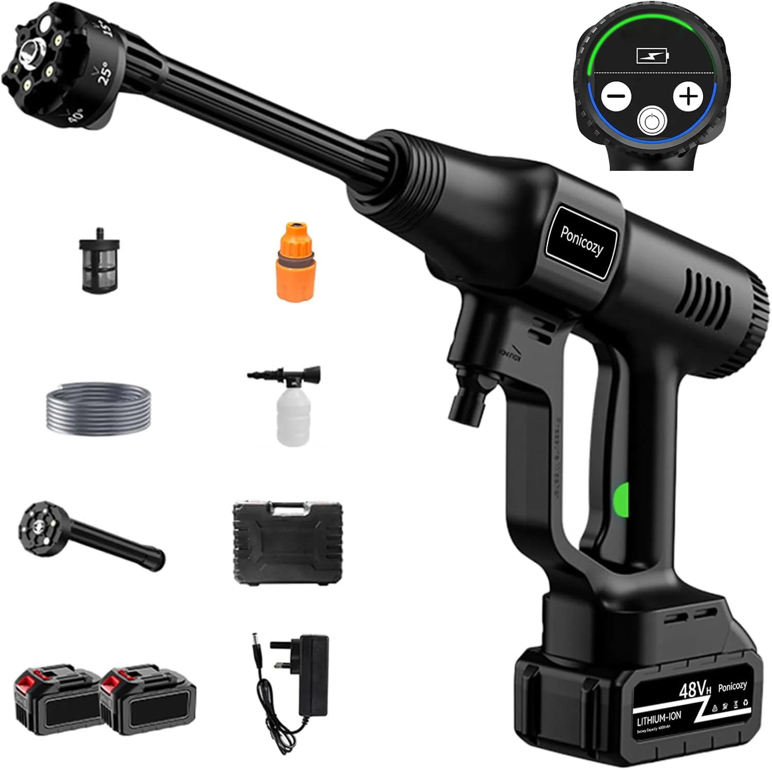 کارواش فشار قوی شارژی، تفنگ کارواش پرتابل با 2 عدد باتری 4.0 آمپر ساعت، نازل قابل تنظیم 6 در 1 و نازل تولید فوم، پمپ آب برای خودرو، خانه و باغ