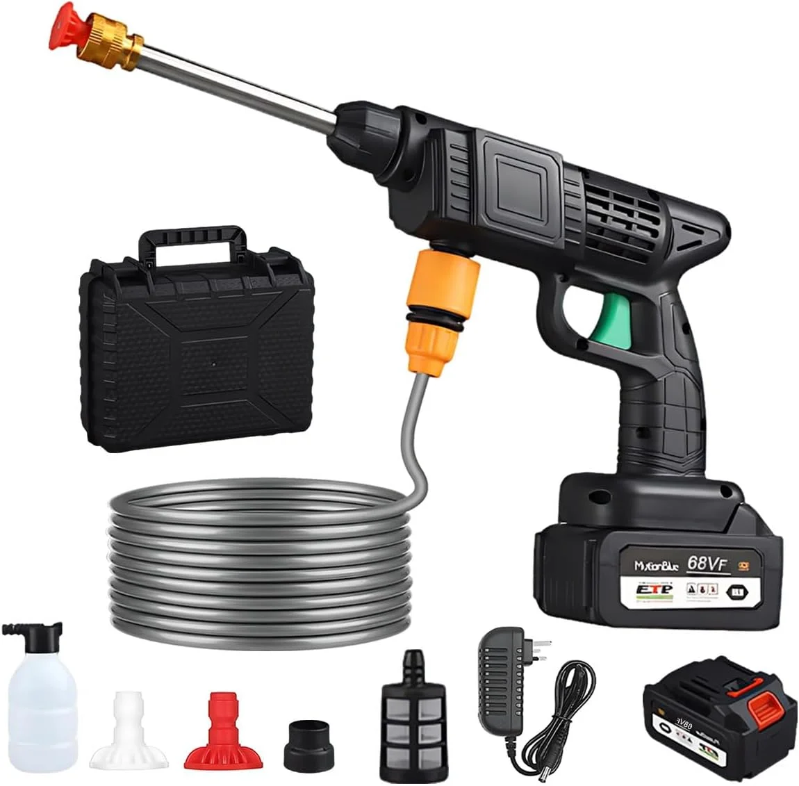 کارواش فشار قوی شارژی، تفنگ آب پاش برقی 3 مگاپاسکال با باتری 21 ولت 1200 میلی آمپر ساعت، نازل بطری فوم، شلنگ، اسپری فشار قوی دستی لوله آب قابل حمل برای شستشوی ماشین، تمیز کردن باغ گل و شستشوی کف