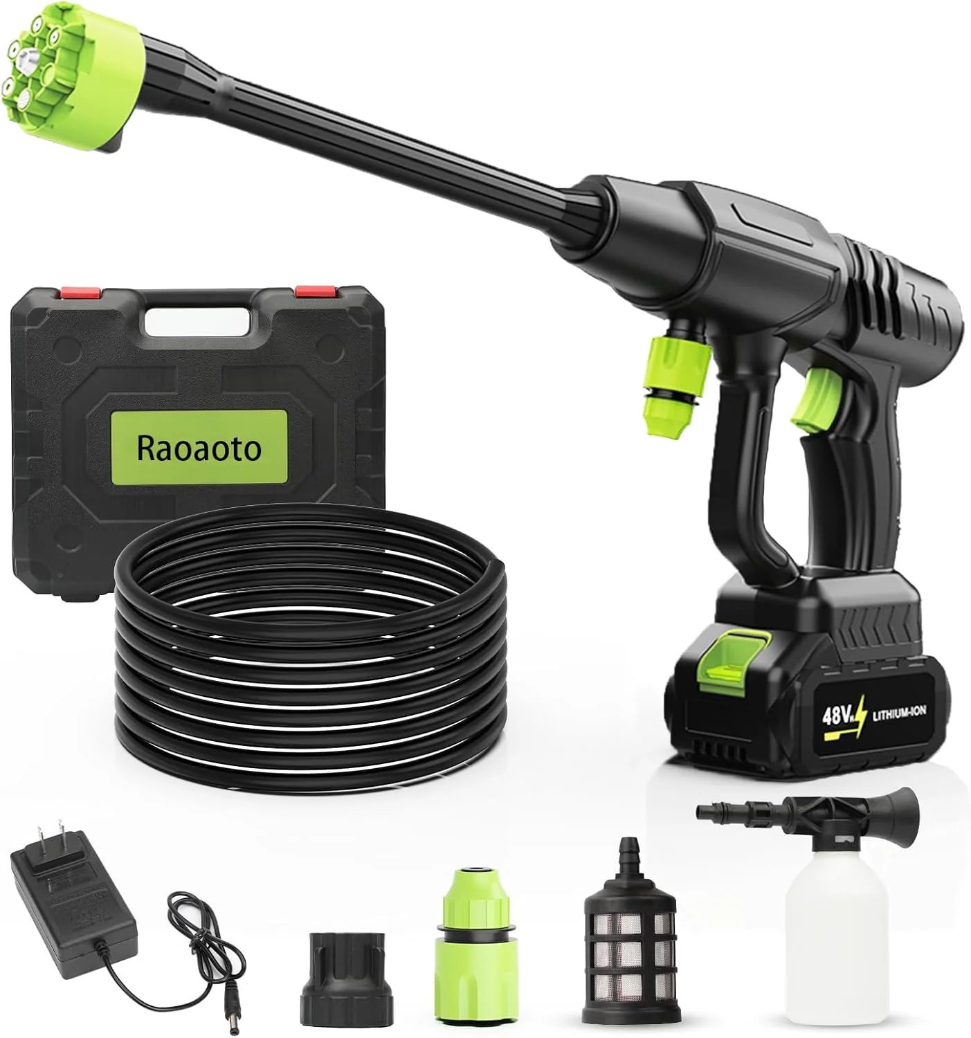 کارواش فشار قوی شارژی با باتری؛ کارواش برقی 1500 PSI با باتری 48 ولت 3.0 آمپر ساعت و شارژر و نازل 6 در 1; کارواش های برقی قابل حمل برای خانه، شستشوی خودرو، حیاط