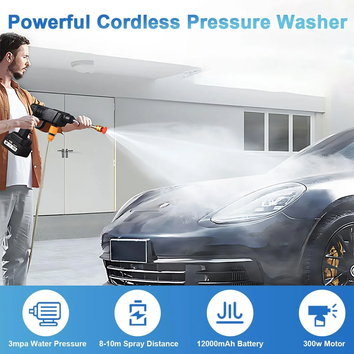 کارواش فشار قوی شارژی، تفنگ آب پاش برقی 3 مگاپاسکال با باتری 21 ولت 1200 میلی آمپر ساعت، نازل بطری فوم، شلنگ، اسپری فشار قوی دستی لوله آب قابل حمل برای شستشوی ماشین، تمیز کردن باغ گل و شستشوی کف