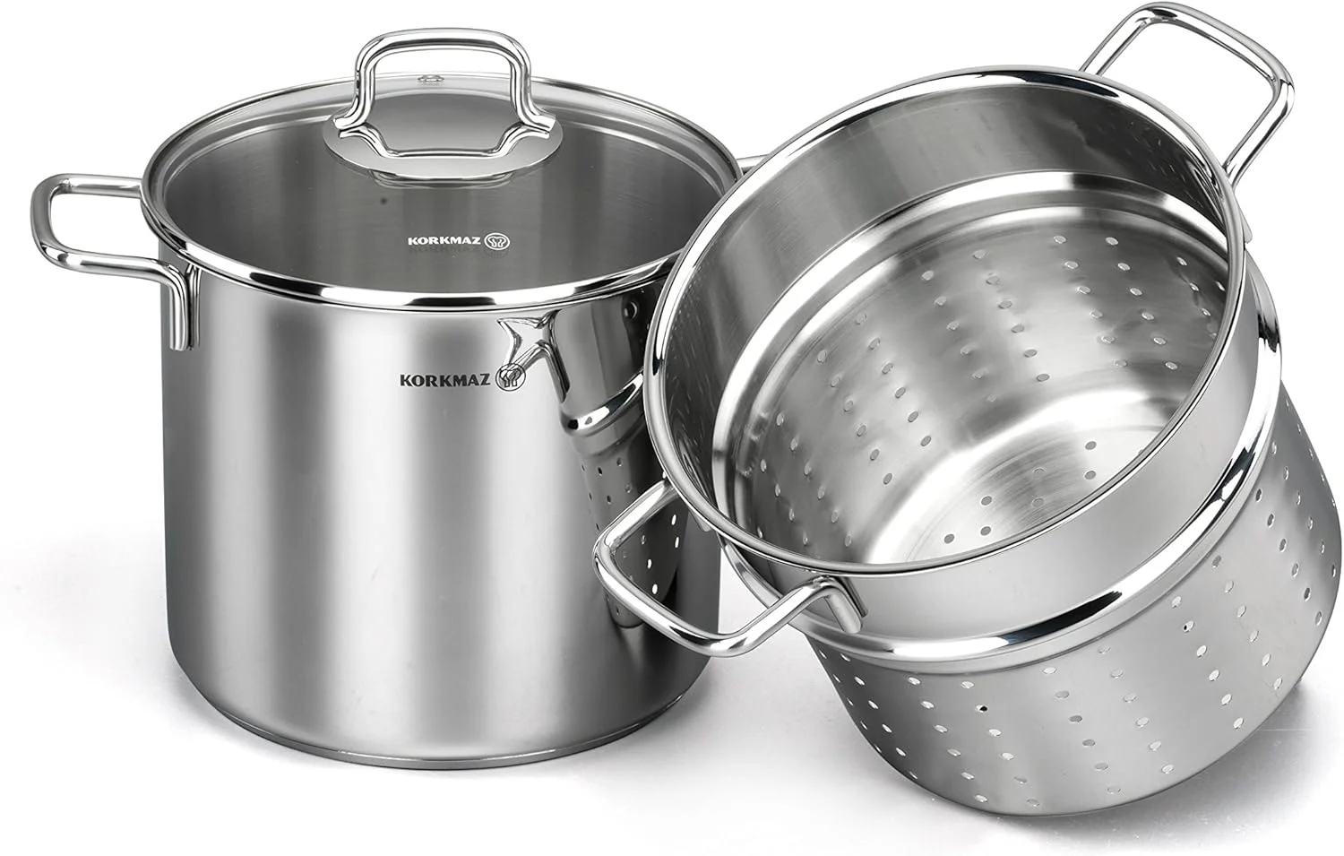 ست پخت و پز اسپاگتی استیل کف سه لایه Korkmaz Perla | قابلمه 20x18 سانتی متر / 5.6 لیتر | قابلمه پاستا 20x17.5 سانتی متر / 5.1 لیتر | ست قابلمه و تابه القایی کف ساندویچی | نقره ای -KA1523 ست پخت و پز اسپاگتی استیل کف سه لایه Korkmaz Perla | قابلمه 20x18 سانتی متر / 5.6 لیتر | قابلمه پاستا 20x17.5 سانتی متر / 5.1 لیتر | ست قابلمه و تابه القایی کف ساندویچی | نقره ای -KA1523