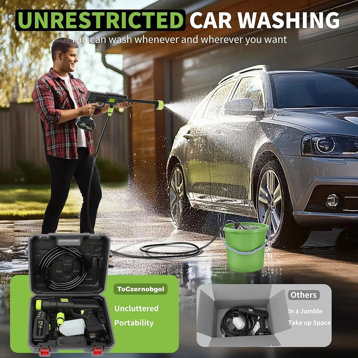 کارواش فشار قوی شارژی با باتری؛ کارواش برقی 1500 PSI با باتری 48 ولت 3.0 آمپر ساعت و شارژر و نازل 6 در 1; کارواش های برقی قابل حمل برای خانه، شستشوی خودرو، حیاط