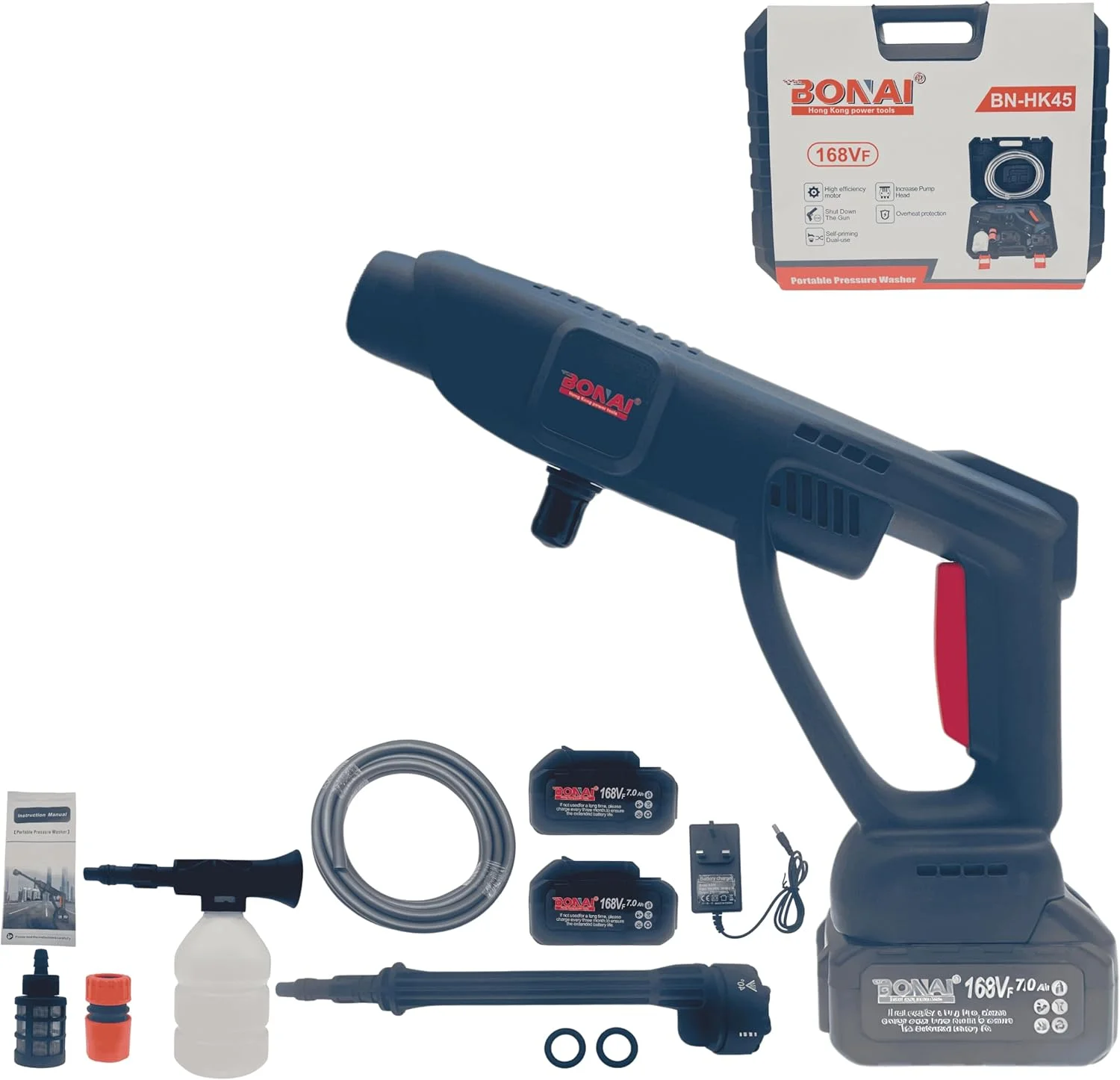 کارواش شارژی بونای، کارواش برقی با موتور با راندمان بالا، کارواش قابل حمل، 168vf 7.0 Ah، دو منظوره خود مکش، محافظت در برابر گرمای بیش از حد، اسپری متغیر