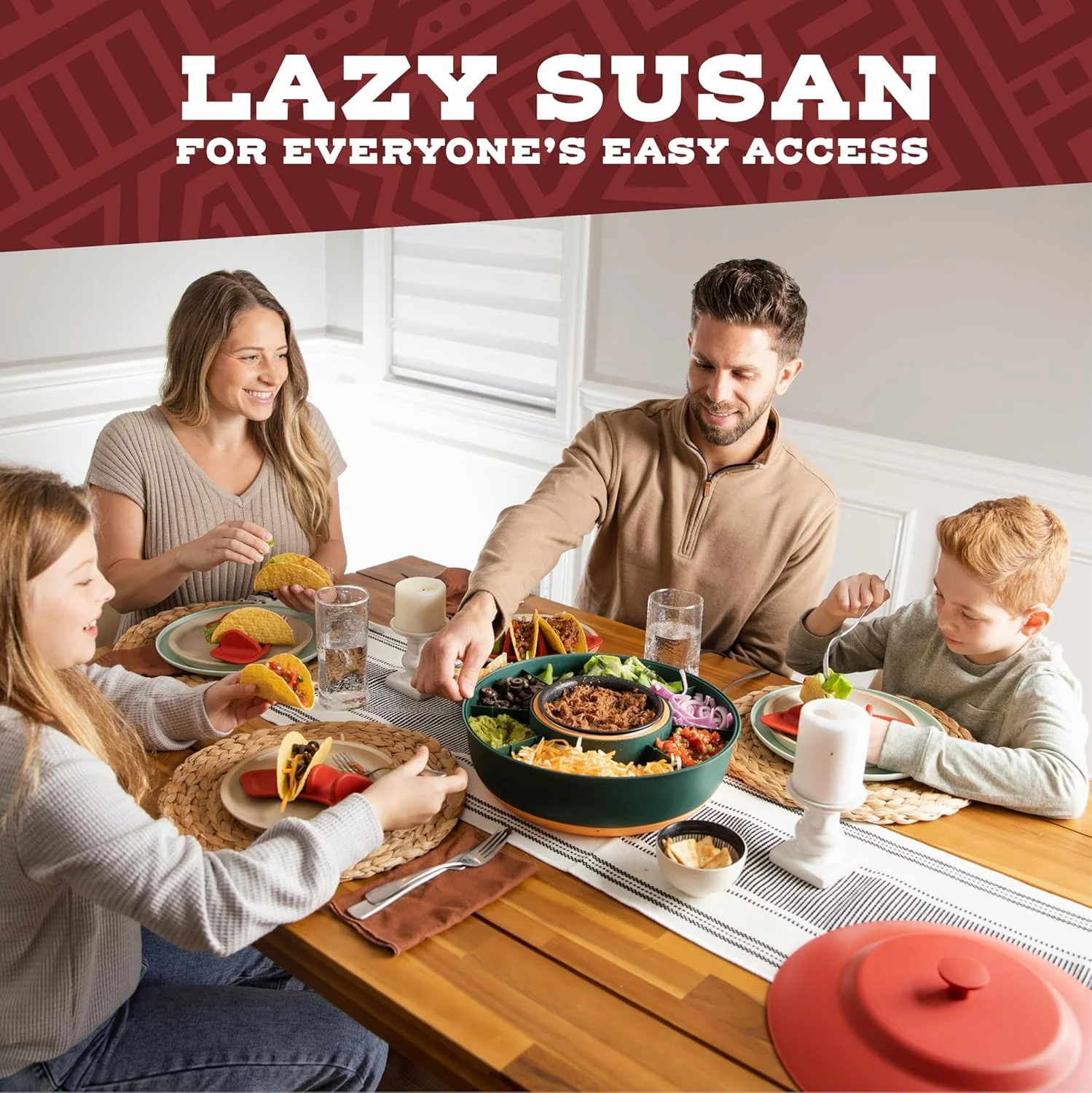 ست تاکو سه شنبه کوسینی - ست سرو نوار تاکو برای مهمانی - قابلمه گرم شونده 900 میلی لیتری، 4 جای تاکو و سینی گردان تنبل جداشدنی - شب تاکو فیستا - ایده های منحصر به فرد هدیه زوج و خانه نویی