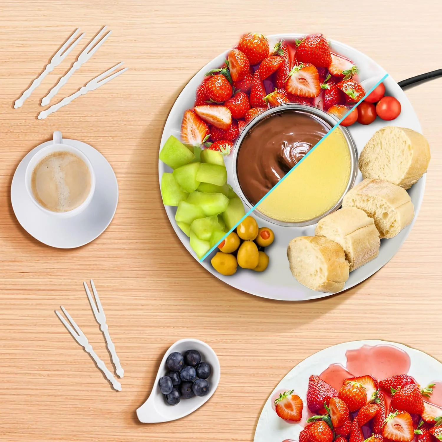 ست فوندوی برقی LENND، ست فوندوی شکلات و پنیر، دستگاه شکلات داغ، فوندو ساز، سینی های سرو جداشدنی با 2 چنگال برشته کننده، قابلمه آلومینیومی برای آب نبات، بستنی، لوازم آشپزخانه