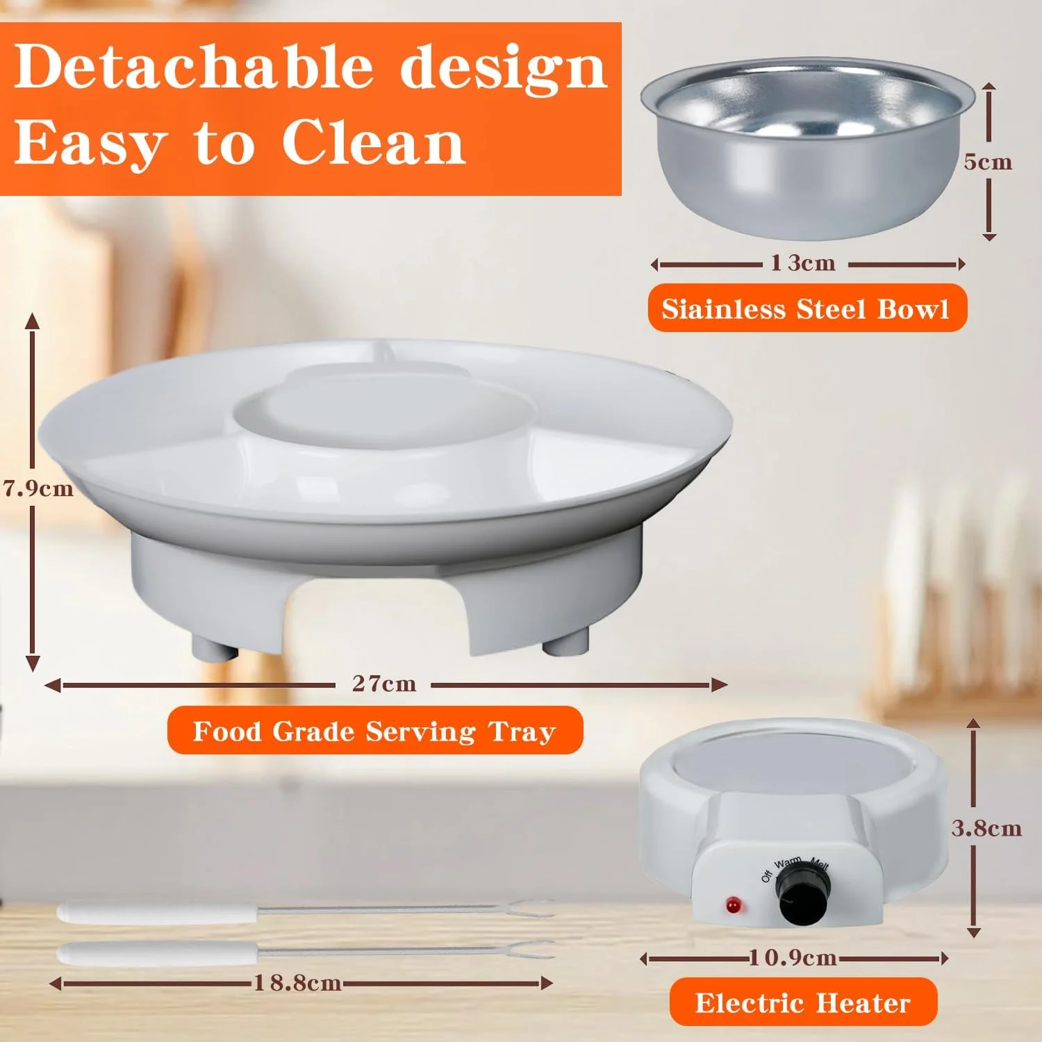 ست فوندوی برقی LENND، ست فوندوی شکلات و پنیر، دستگاه شکلات داغ، فوندو ساز، سینی های سرو جداشدنی با 2 چنگال برشته کننده، قابلمه آلومینیومی برای آب نبات، بستنی، لوازم آشپزخانه