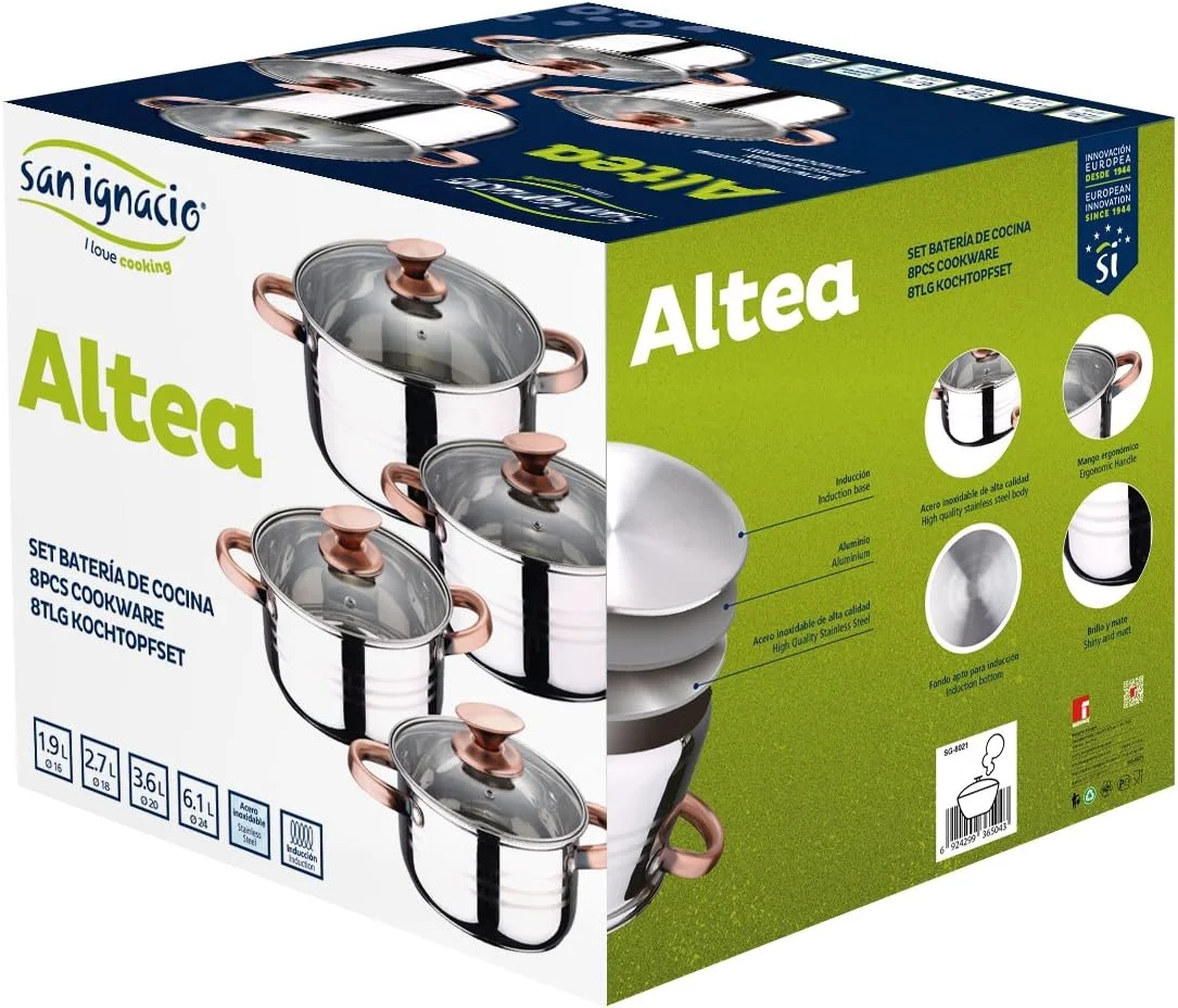 ست 8 پارچه ظروف پخت و پز استیل ضد زنگ سان ایگناسیو مدل ALTEA با کف القایی، ست قابلمه، SG8021