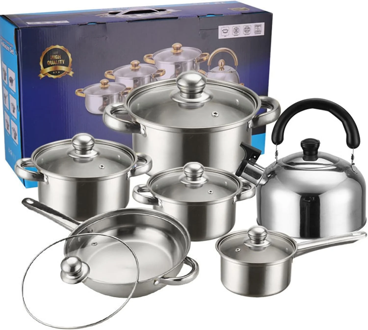 ست 12 پارچه ظروف آشپزی استیل HEYInova، با تابه نچسب، ست قابلمه استیل، شامل شیرجوش، قابلمه سس، قابلمه خورشت و کتری، مناسب برای همه اجاق ها ست 12 پارچه ظروف آشپزی استیل HEYInova، با تابه نچسب، ست قابلمه استیل، شامل شیرجوش، قابلمه سس، قابلمه خورشت و کتری، مناسب برای همه اجاق ها