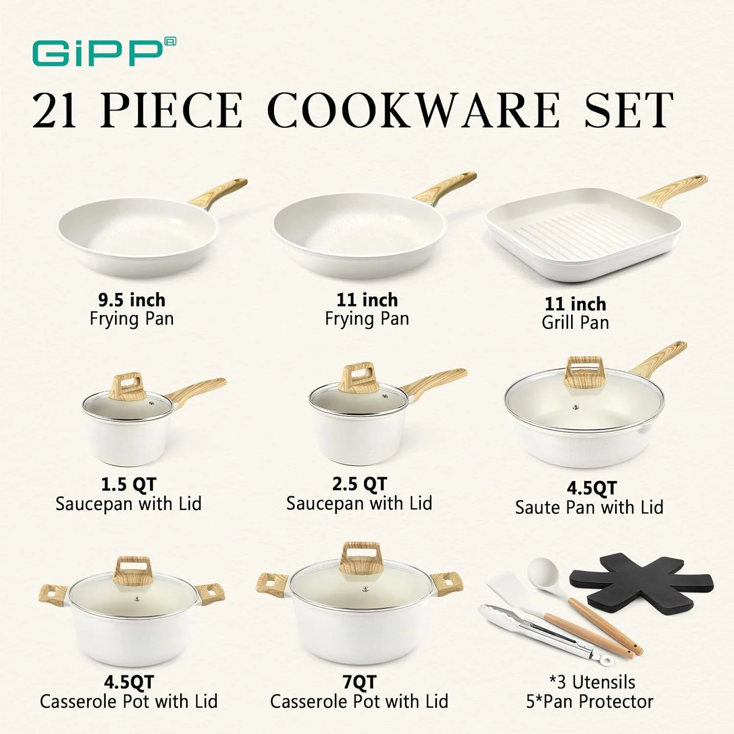 ست ظروف آشپزی 21 پارچه جی‌آی‌پی‌پی نچسب - ست ظروف آشپزخانه گرانیتی سفید نچسب مناسب اجاق‌های القایی، ست قابلمه و تابه غیر سمی با ابزار سیلیکونی، بدون PFOS و PFOA