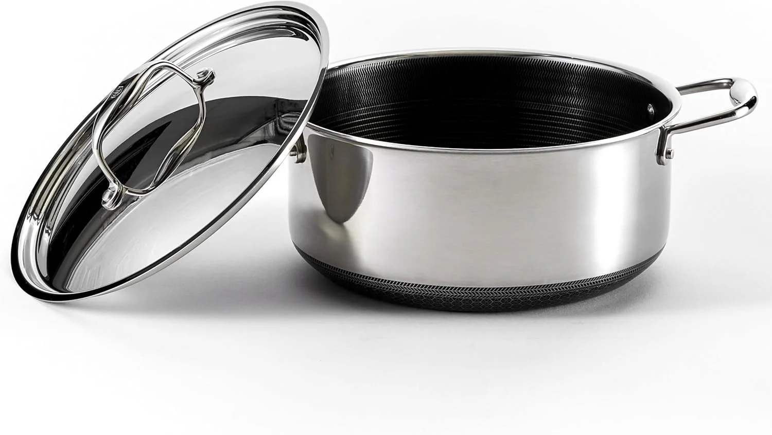 ست 6 تکه قابلمه نچسب هیبریدی HexClad، قابلمه های 2، 3 و 8 لیتری با درب شیشه ای مقاوم، دسته های خنک شونده، قابل شستشو در ماشین ظرفشویی، آماده القایی، سازگار با تمام اجاق گازها