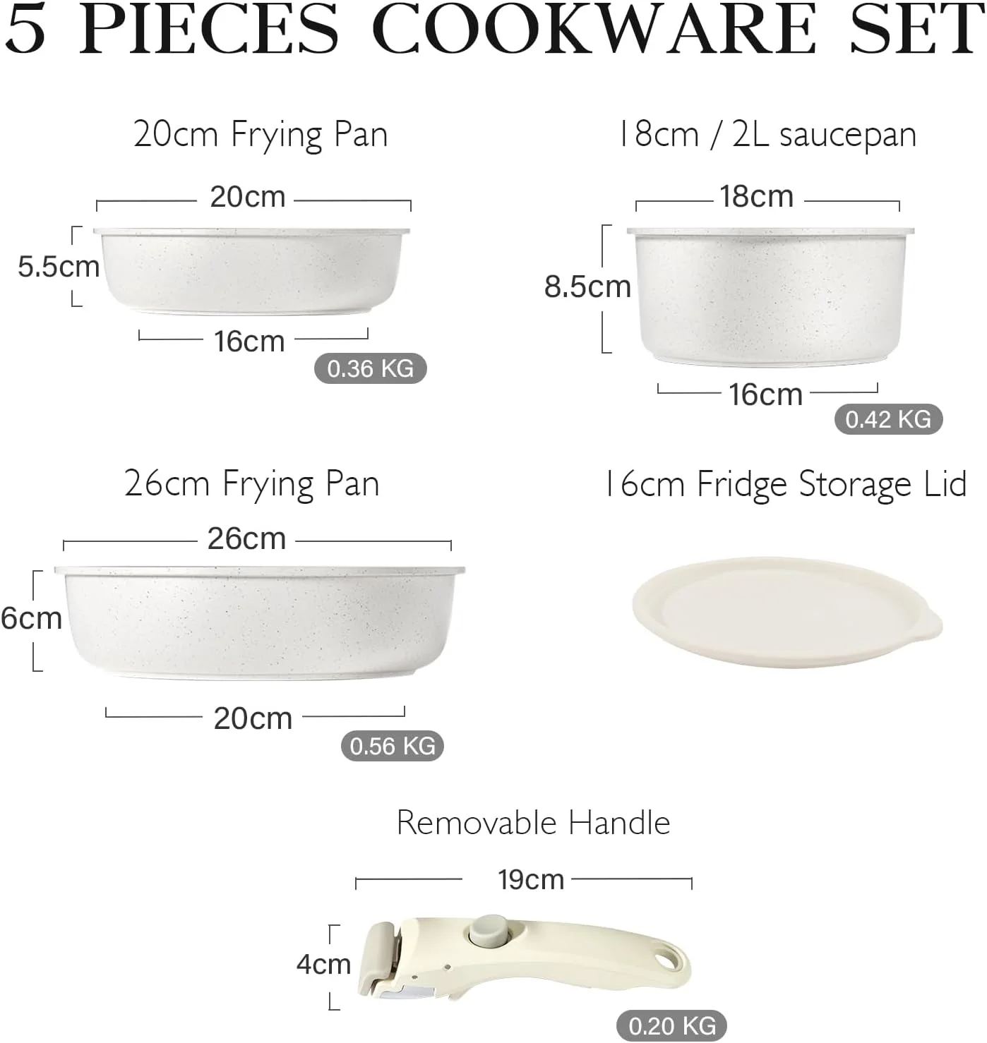 ست قابلمه و تابه نچسب GiPP، ست ظروف آشپزی با دسته جداشدنی، ظروف آشپزخانه القایی با دسته قابل جابجایی، ست ظروف آشپزی قابل انباشت RV، قابل استفاده در فر/ماشین ظرفشویی (ست گرانیتی 5 تکه)…