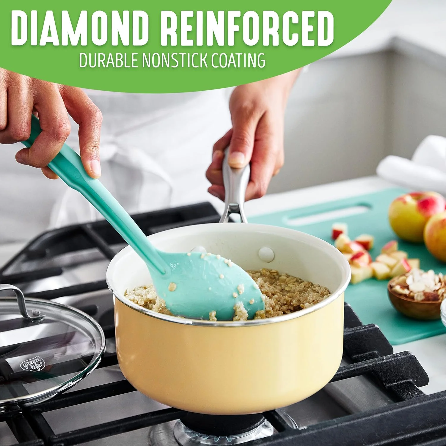 ست قابلمه های سرامیکی نچسب گرین لایف مدل Artisan، شامل دو قابلمه 1 و 2 کوارت به همراه درب، زرد