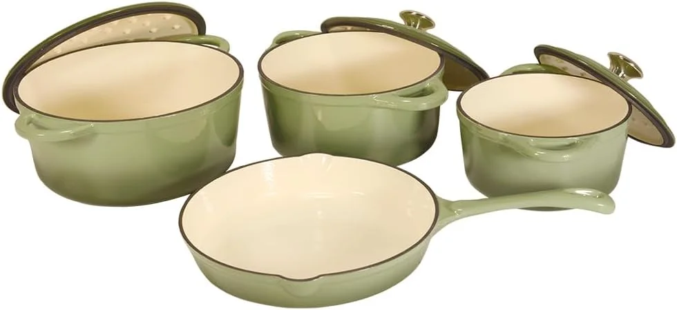 ست 7 تکه ظروف پخت و پز چدنی V A V با روکش مینای نچسب، سالم و ایمن. این ست شامل: تابه سرخ کن 24 سانتی متری، ظروف پخت و پز 18، 21 و 24 سانتی متری به همراه درب و دستکش می باشد.