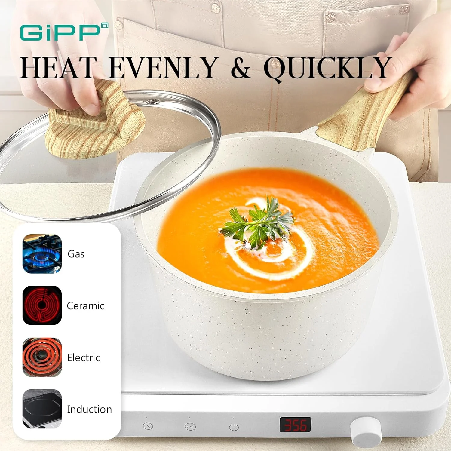 ست ظروف آشپزی 21 پارچه جی‌آی‌پی‌پی نچسب - ست ظروف آشپزخانه گرانیتی سفید نچسب مناسب اجاق‌های القایی، ست قابلمه و تابه غیر سمی با ابزار سیلیکونی، بدون PFOS و PFOA