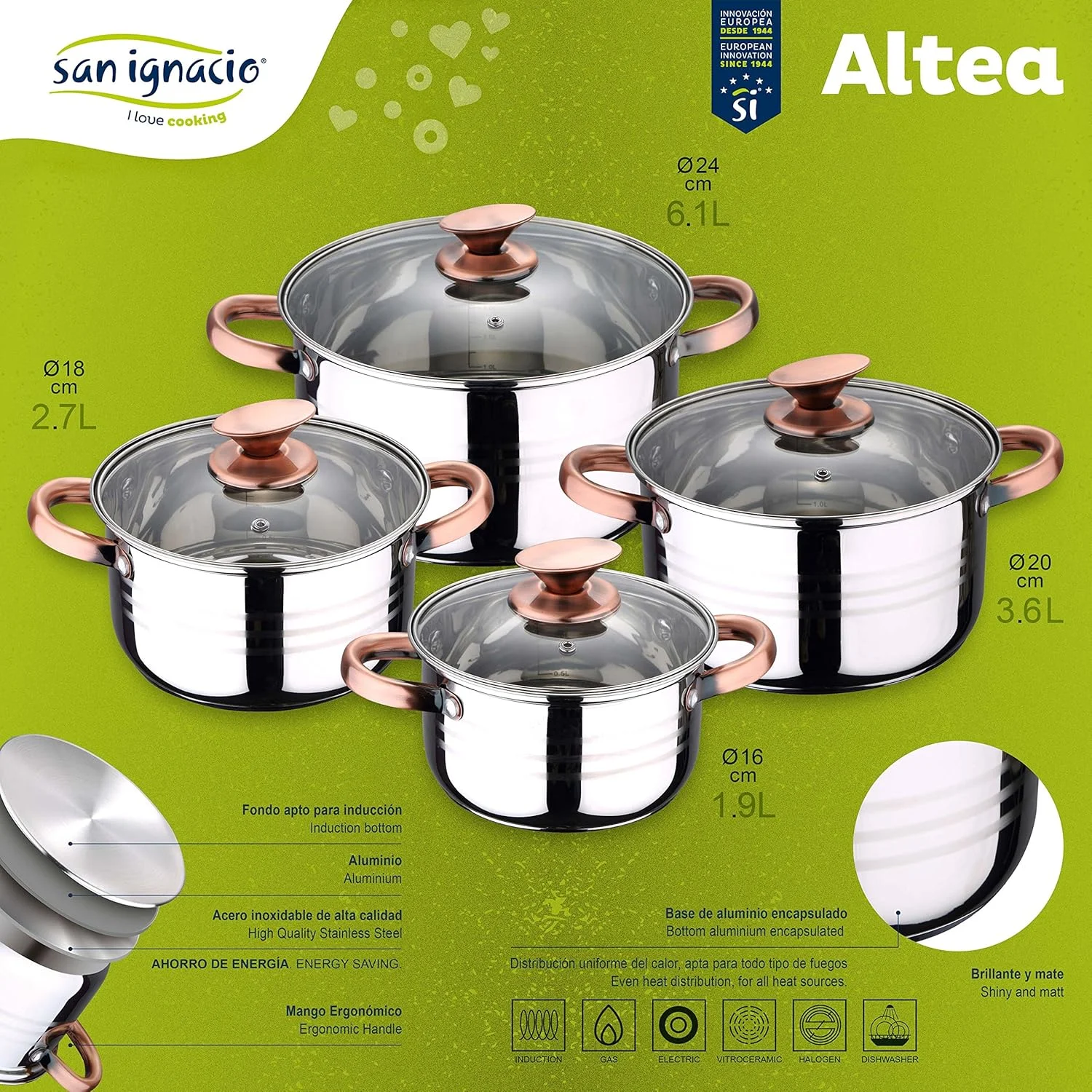 ست 8 پارچه ظروف پخت و پز استیل سان ایگناسیو مدل ALTEA با کف القایی، ست قابلمه، SG8021 ست 8 پارچه ظروف پخت و پز استیل سان ایگناسیو مدل ALTEA با کف القایی، ست قابلمه، SG8021