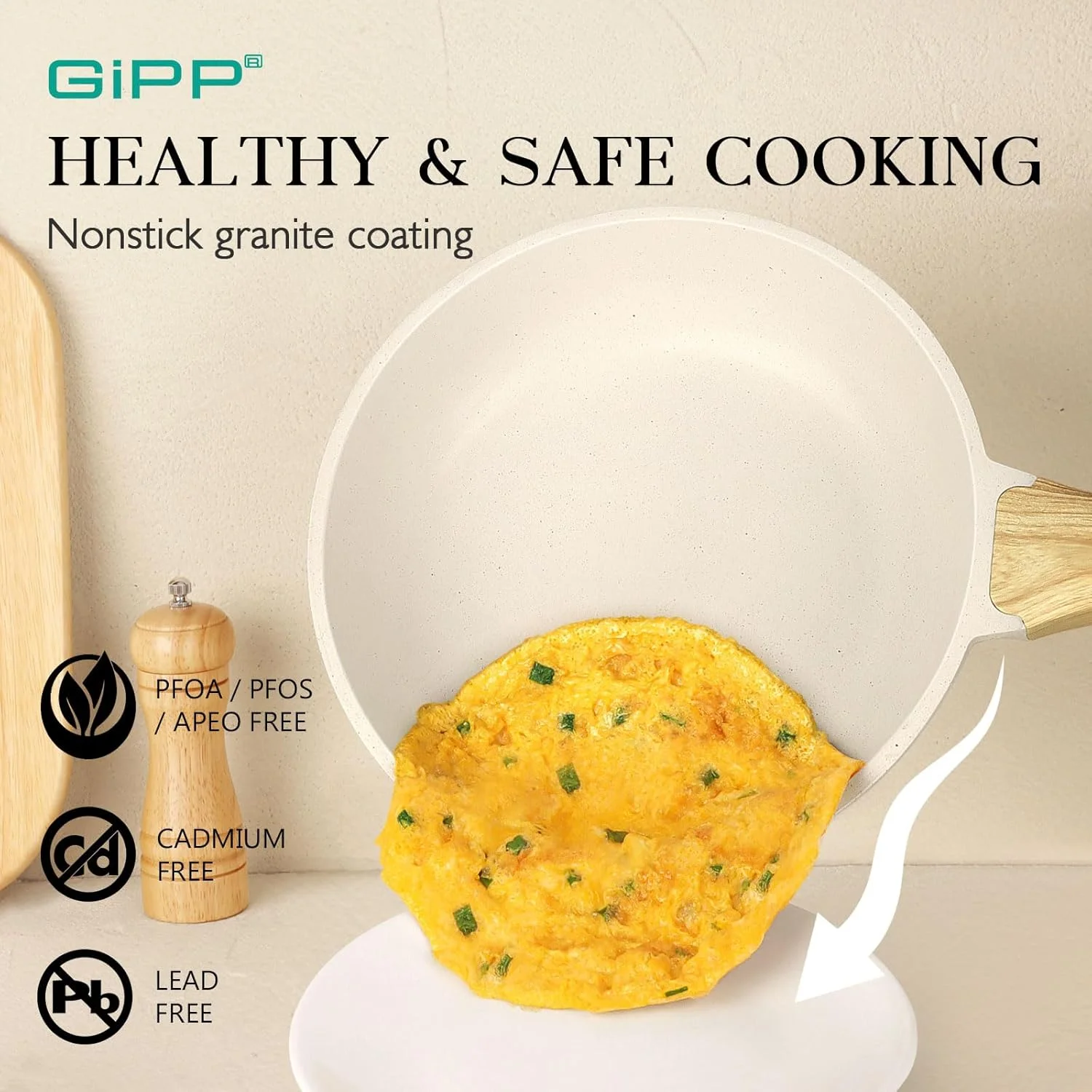 ست ظروف آشپزی 21 پارچه جی‌آی‌پی‌پی نچسب - ست ظروف آشپزخانه گرانیتی سفید نچسب مناسب اجاق‌های القایی، ست قابلمه و تابه غیر سمی با ابزار سیلیکونی، بدون PFOS و PFOA