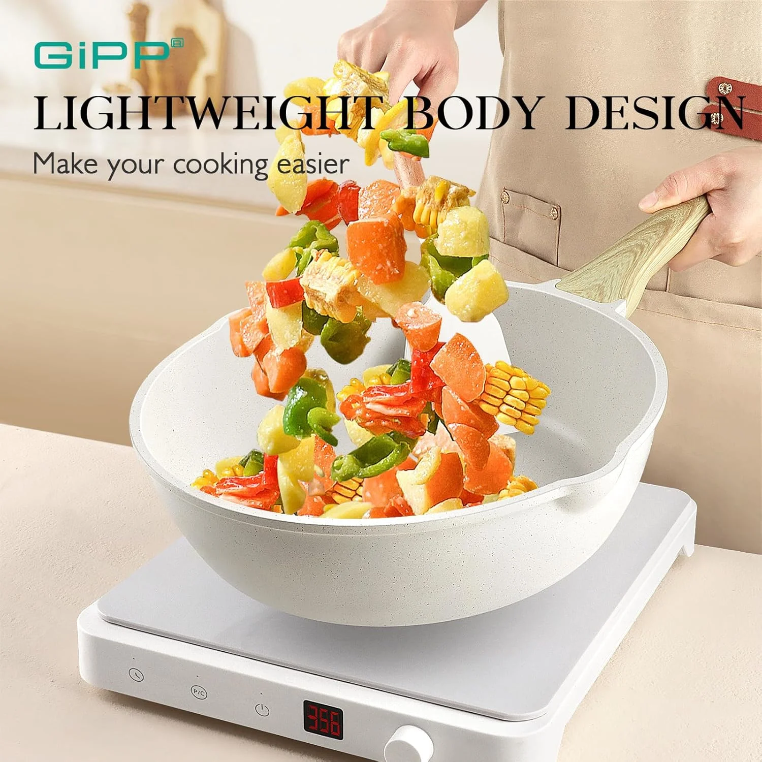 ست ظروف آشپزی 21 پارچه جی‌آی‌پی‌پی نچسب - ست ظروف آشپزخانه گرانیتی سفید نچسب مناسب اجاق‌های القایی، ست قابلمه و تابه غیر سمی با ابزار سیلیکونی، بدون PFOS و PFOA