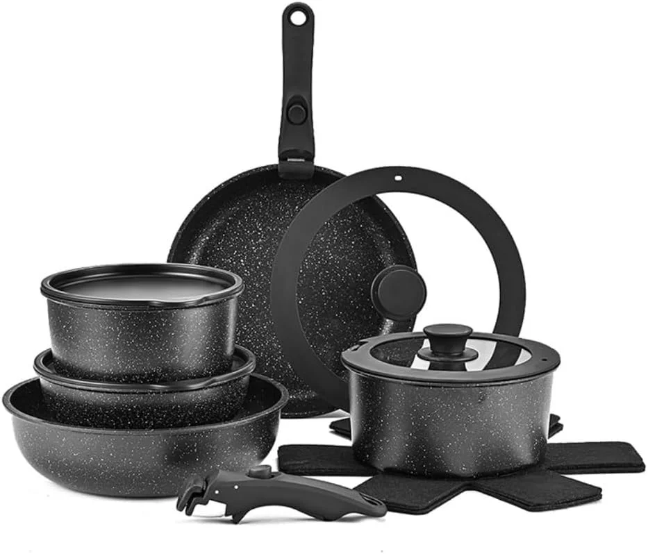 ست قابلمه و تابه 17 پارچه GOUSYUN، ست ظروف نچسب، دسته جدا شونده، ظروف آشپزی گرانیتی سالم، قابل شستشو در ماشین ظرفشویی و استفاده در فر، مشکی ست قابلمه و تابه 17 پارچه GOUSYUN، ست ظروف نچسب، دسته جدا شونده، ظروف آشپزی گرانیتی سالم، قابل شستشو در ماشین ظرفشویی و استفاده در فر، مشکی