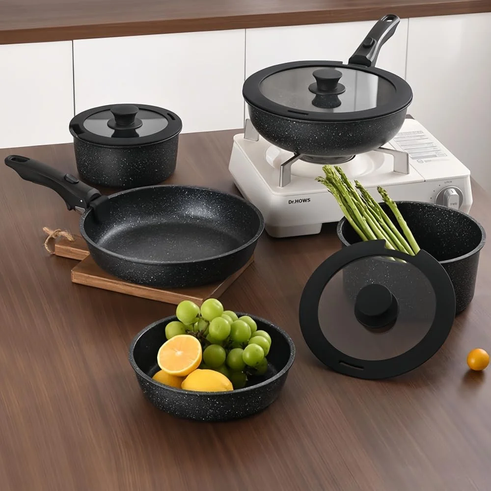 ست قابلمه و تابه 17 پارچه GOUSYUN، ست ظروف نچسب، دسته جدا شونده، ظروف آشپزی گرانیتی سالم، قابل شستشو در ماشین ظرفشویی و استفاده در فر، مشکی ست قابلمه و تابه 17 پارچه GOUSYUN، ست ظروف نچسب، دسته جدا شونده، ظروف آشپزی گرانیتی سالم، قابل شستشو در ماشین ظرفشویی و استفاده در فر، مشکی