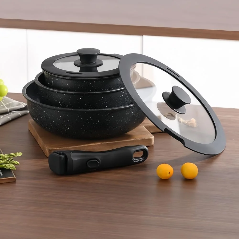 ست قابلمه و تابه 17 پارچه GOUSYUN، ست ظروف نچسب، دسته جدا شونده، ظروف آشپزی گرانیتی سالم، قابل شستشو در ماشین ظرفشویی و استفاده در فر، مشکی ست قابلمه و تابه 17 پارچه GOUSYUN، ست ظروف نچسب، دسته جدا شونده، ظروف آشپزی گرانیتی سالم، قابل شستشو در ماشین ظرفشویی و استفاده در فر، مشکی