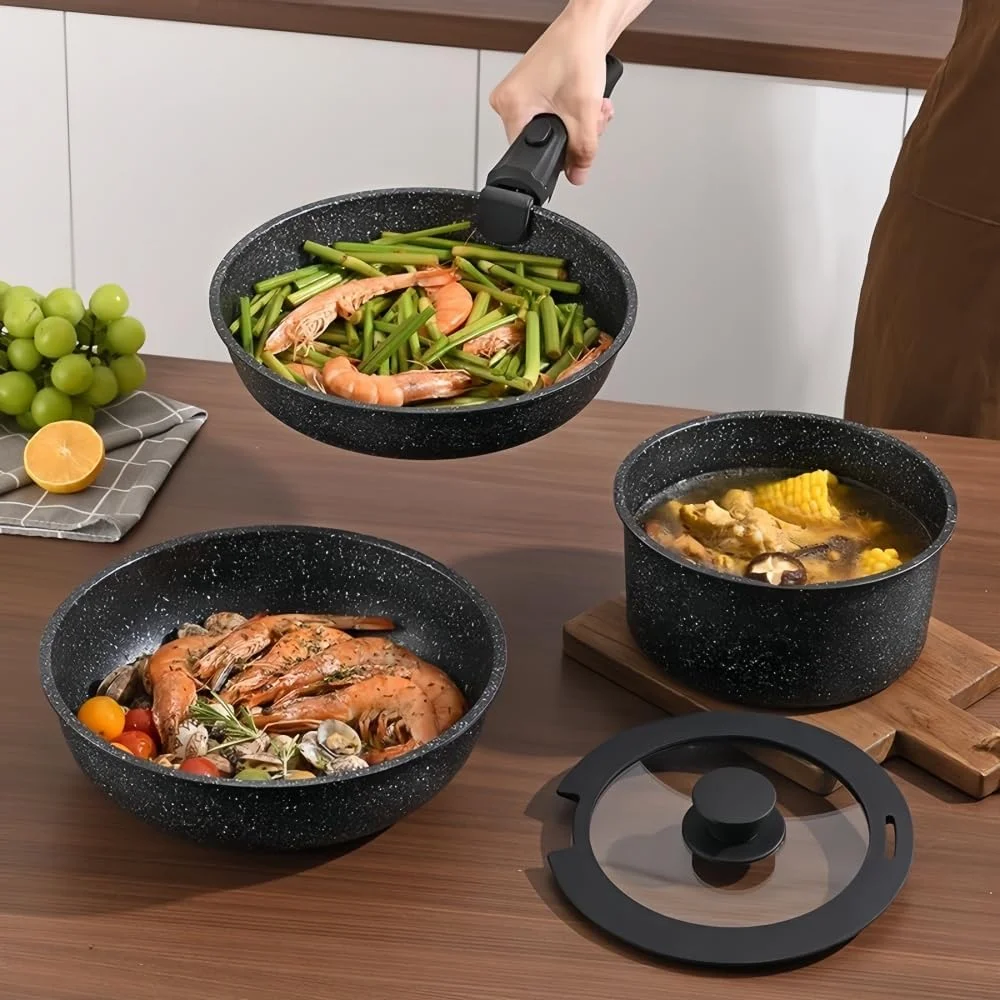 ست قابلمه و تابه 17 پارچه GOUSYUN، ست ظروف نچسب، دسته جدا شونده، ظروف آشپزی گرانیتی سالم، قابل شستشو در ماشین ظرفشویی و استفاده در فر، مشکی ست قابلمه و تابه 17 پارچه GOUSYUN، ست ظروف نچسب، دسته جدا شونده، ظروف آشپزی گرانیتی سالم، قابل شستشو در ماشین ظرفشویی و استفاده در فر، مشکی