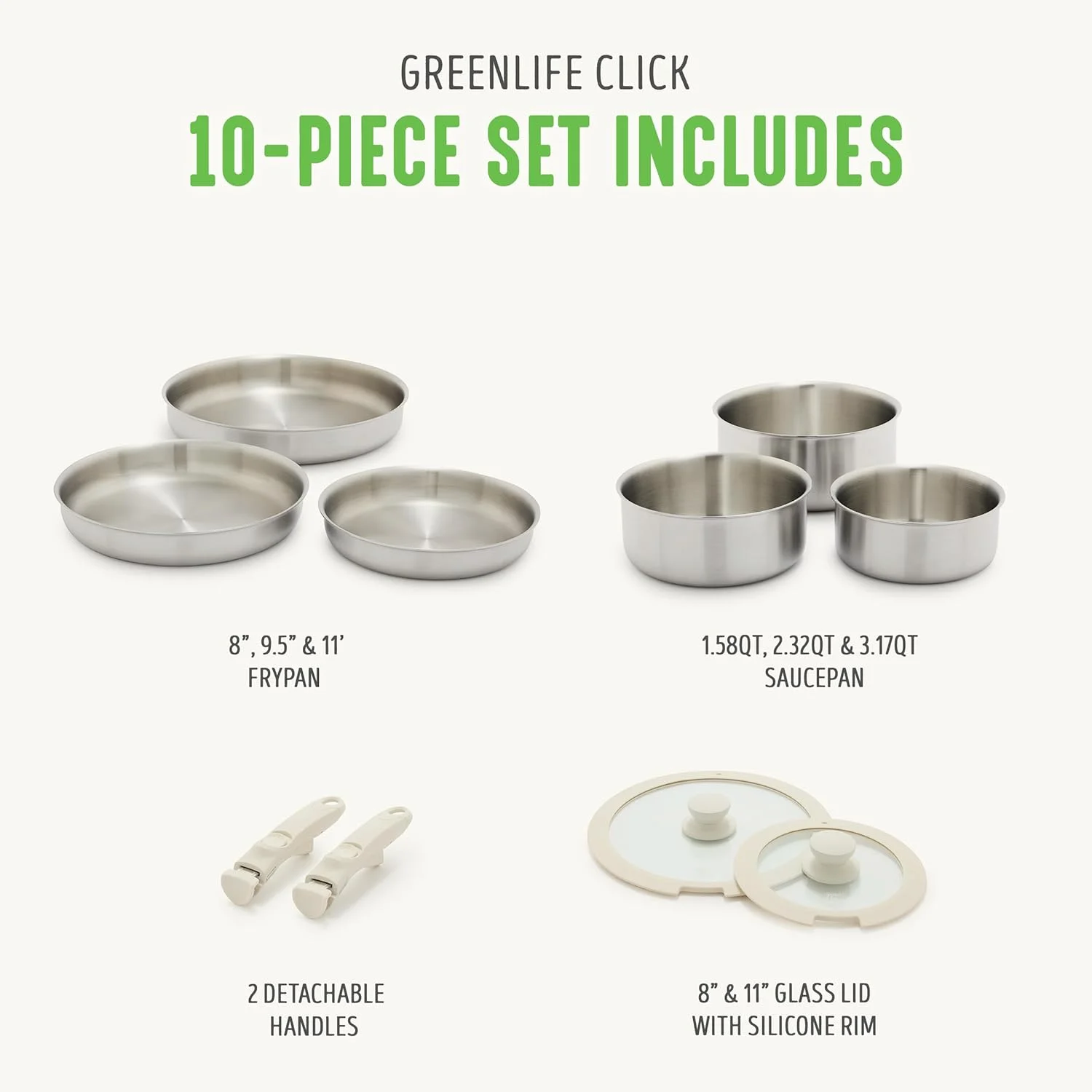 ست 10 پارچه ظروف پخت و پز استیل سه لایه GreenLife Click، دسته جداشدنی، صرفه جویی در فضای آشپزخانه، قابلمه و تابه های بدون PFAS، مناسب برای اجاق گاز القایی و فر، درب شیشه ای، نقره ای