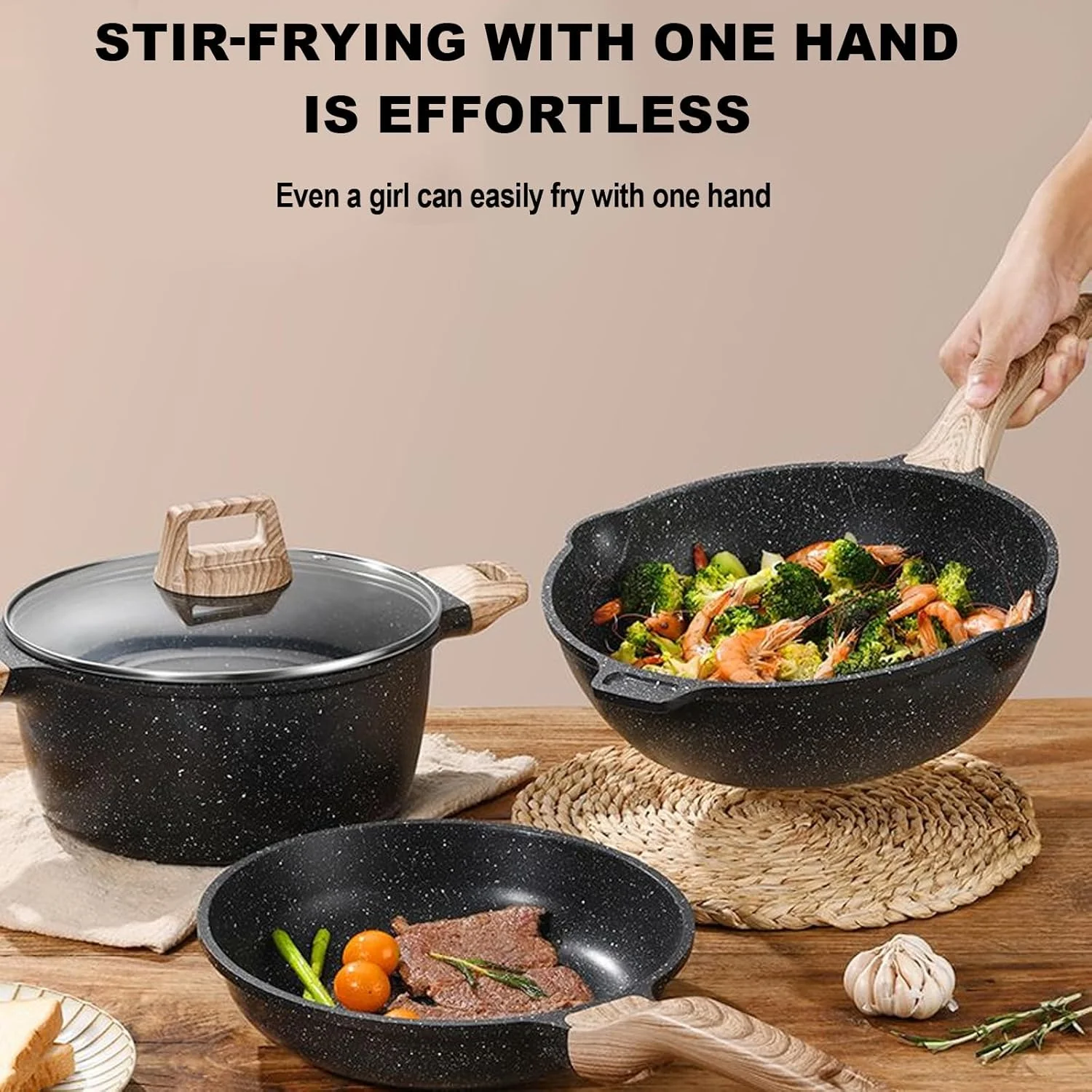 ست قابلمه و تابه 17 پارچه GOUSYUN، ست ظروف نچسب، دسته جدا شونده، ظروف آشپزی گرانیتی سالم، قابل شستشو در ماشین ظرفشویی و استفاده در فر، مشکی ست قابلمه و تابه 17 پارچه GOUSYUN، ست ظروف نچسب، دسته جدا شونده، ظروف آشپزی گرانیتی سالم، قابل شستشو در ماشین ظرفشویی و استفاده در فر، مشکی