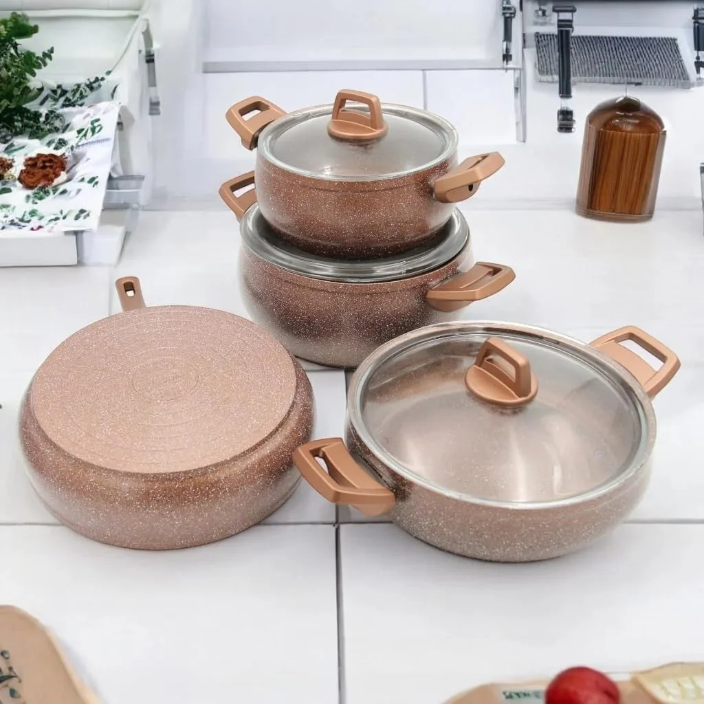 ست ظروف پخت و پز گرانیتی 7 پارچه گلسان – قابلمه و تابه آلومینیومی نچسب ممتاز با روکش گرانیتی مقاوم در برابر خراش، دستگیره های لمسی سرد و درب های شیشه ای حرارت دیده – سازگار با تمام اجاق گازها ست ظروف پخت و پز گرانیتی 7 پارچه گلسان – قابلمه و تابه آلومینیومی نچسب ممتاز با روکش گرانیتی مقاوم در برابر خراش، دستگیره های لمسی سرد و درب های شیشه ای حرارت دیده – سازگار با تمام اجاق گازها