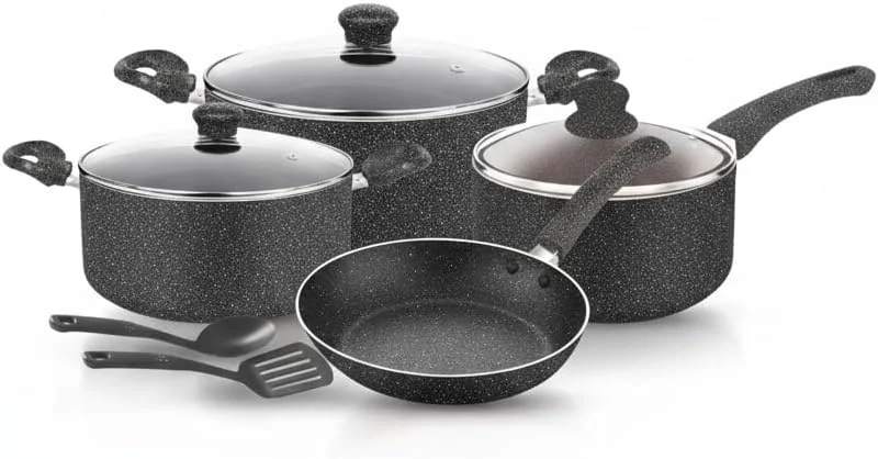 ست ظروف پخت و پز نچسب با روکش گرانیتی 9 پارچه | ست قابلمه و تابه نچسب با درب | قابلمه خورشتی، قابلمه سس و تابه سرخ کردنی | بادوام، تمیز کردن آسان، سازگار با اجاق گاز القایی، BB2101