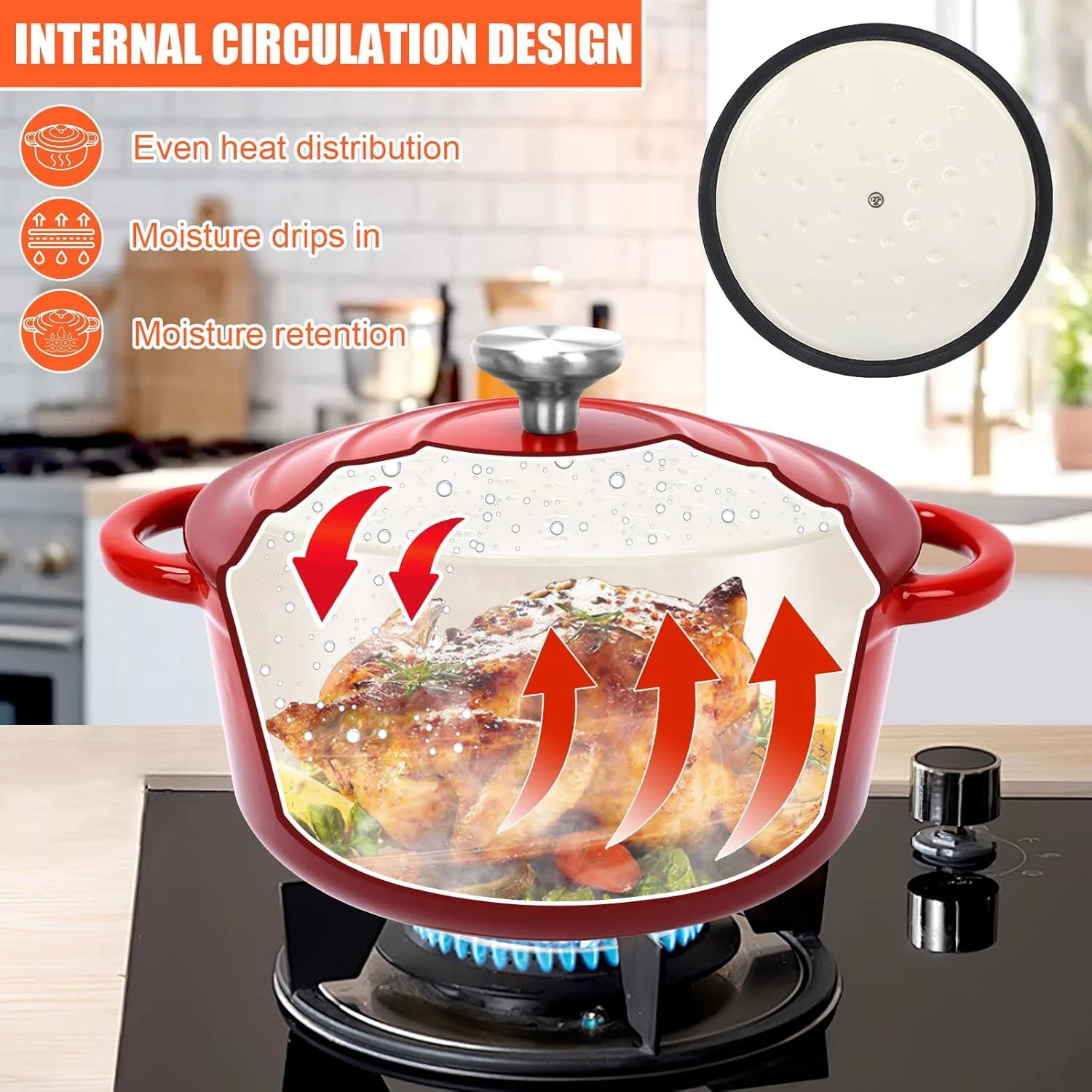 ست ظروف چدنی لعاب دار Denmay - مجموعه 5 تکه شامل قابلمه های هلندی، دیگ، تابه، مناسب برای پخت نان، دارای پوشش نچسب سرامیکی، سازگار با گاز/القایی، بدون PFA، قرمز ست ظروف چدنی لعاب دار Denmay - مجموعه 5 تکه شامل قابلمه های هلندی، دیگ، تابه، مناسب برای پخت نان، دارای پوشش نچسب سرامیکی، سازگار با گاز/القایی، بدون PFA، قرمز